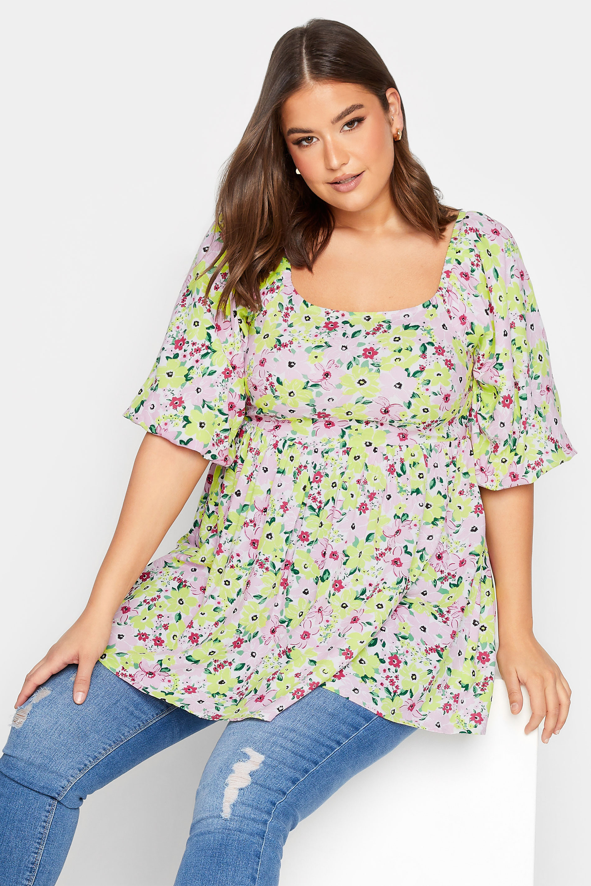 YOURS Curve Plus Size Light Pink Floral Peplum Top | Yours Clothing