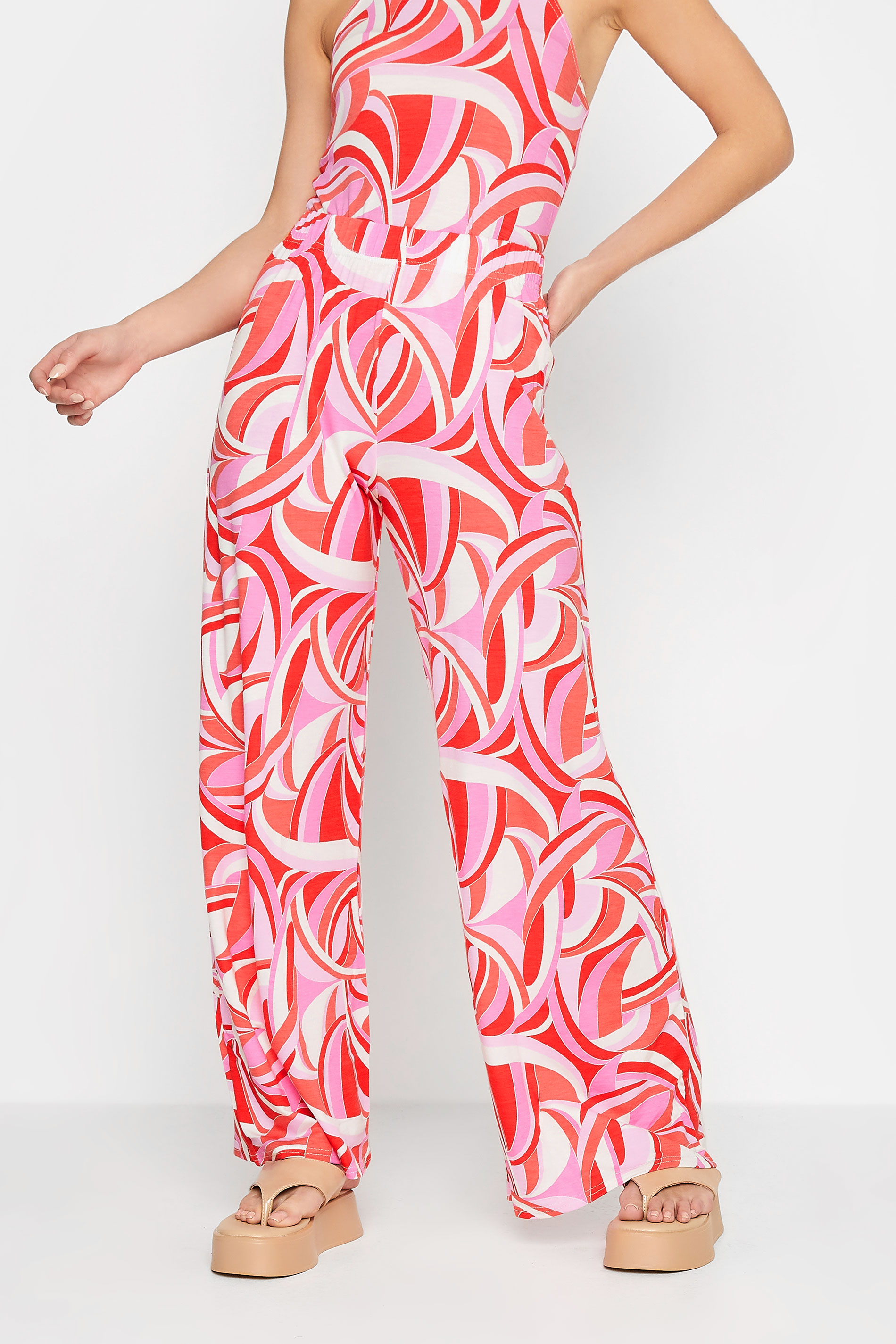 Petite Pink Swirl Print Wide Leg Trousers | PixieGirl 1