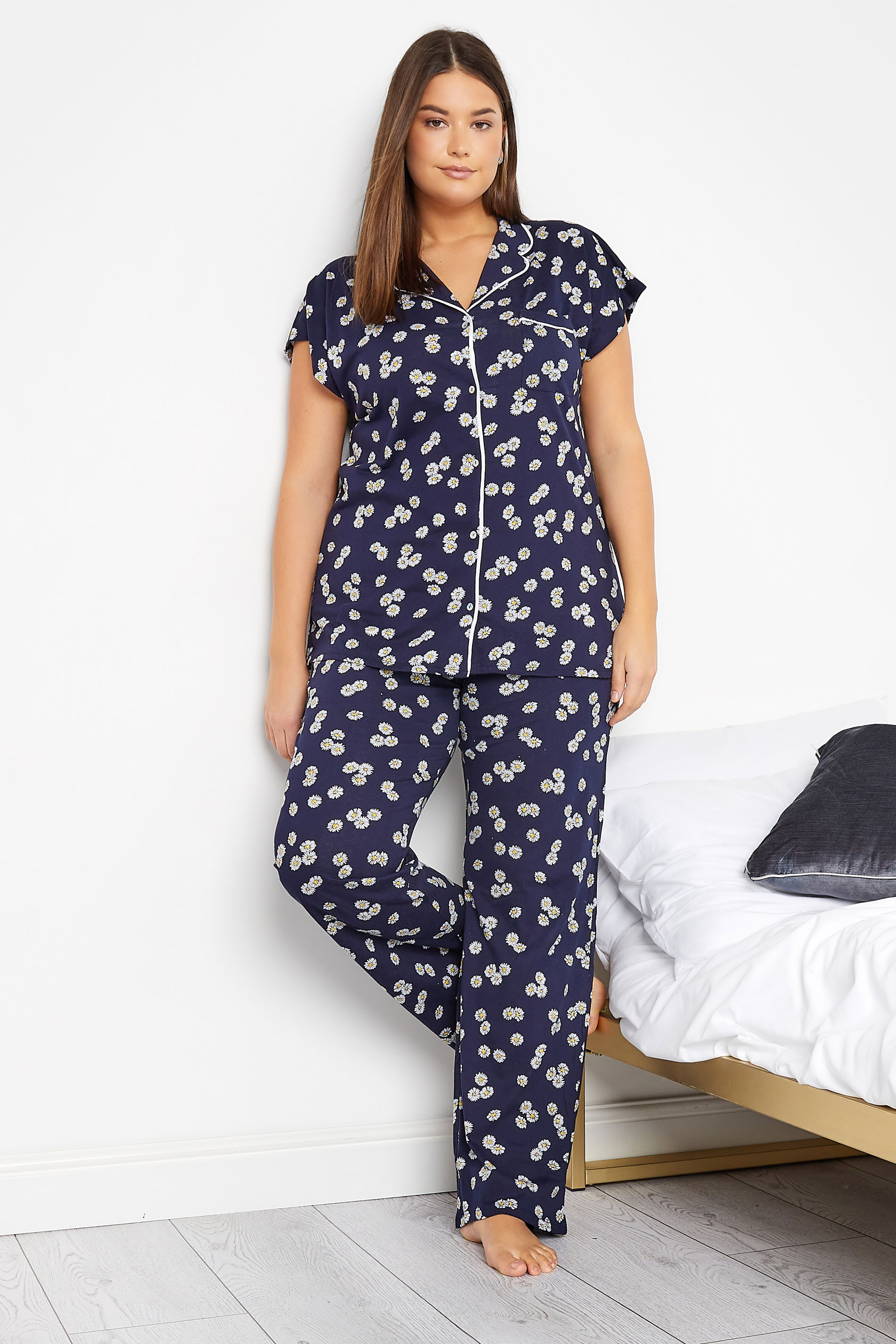 Tall Women's LTS Tall Navy Blue Daisy Print Cotton Pyjama Set | Long Tall Sally  1