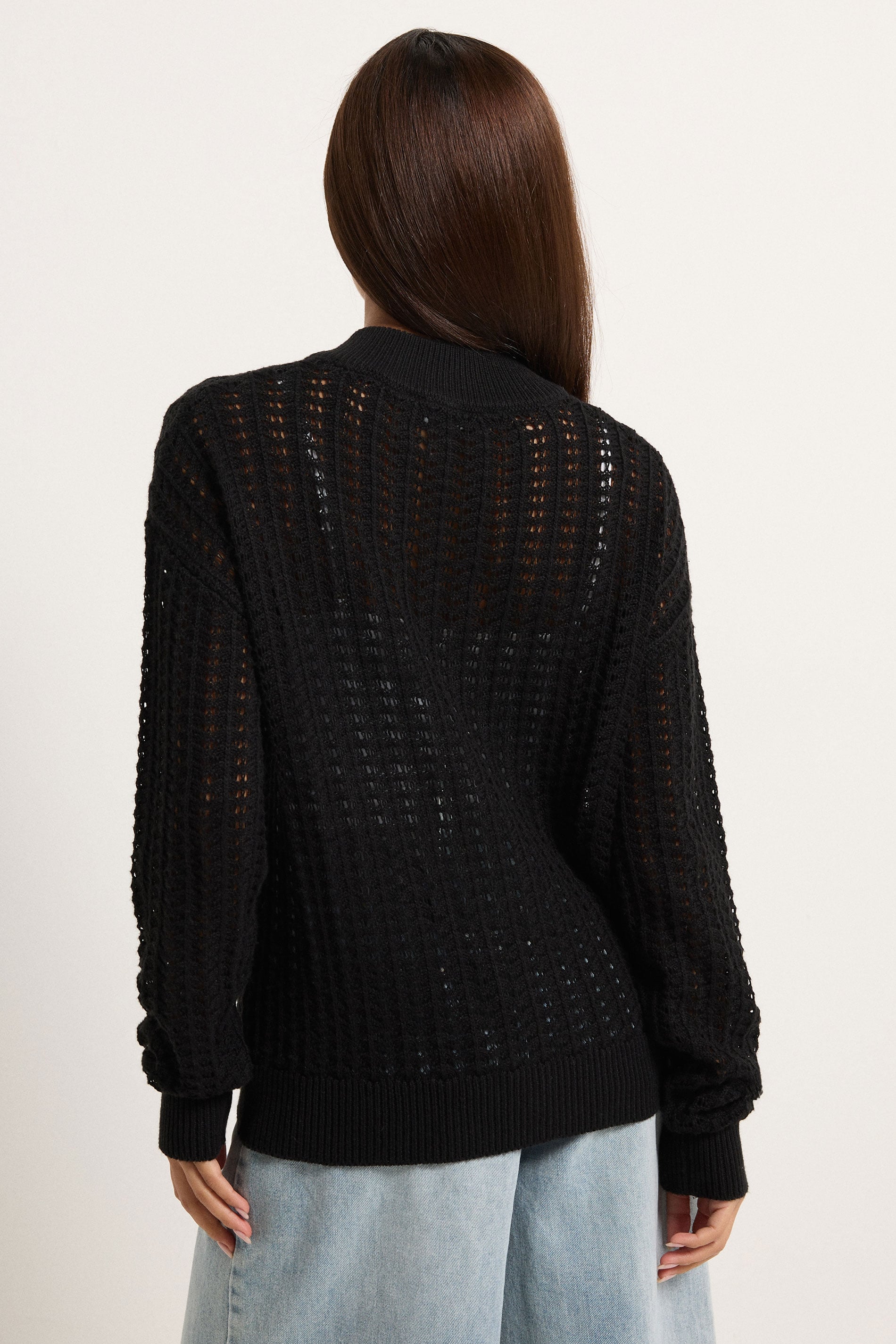 PixieGirl Petite Women's Black Crochet Bomber Cardigan | PixieGirl 2