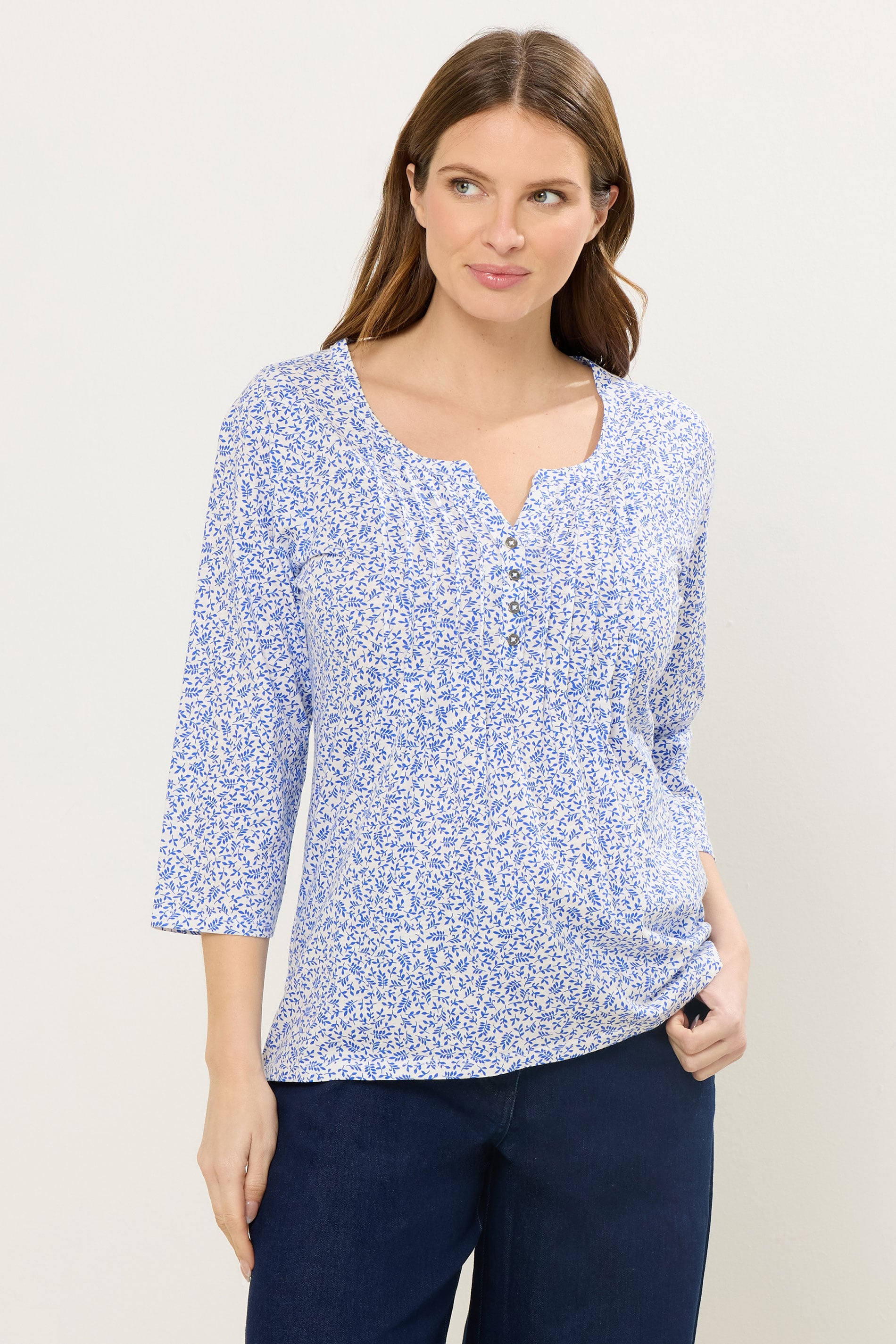M&Co Blue Floral Cotton Henley Top | M&Co 3