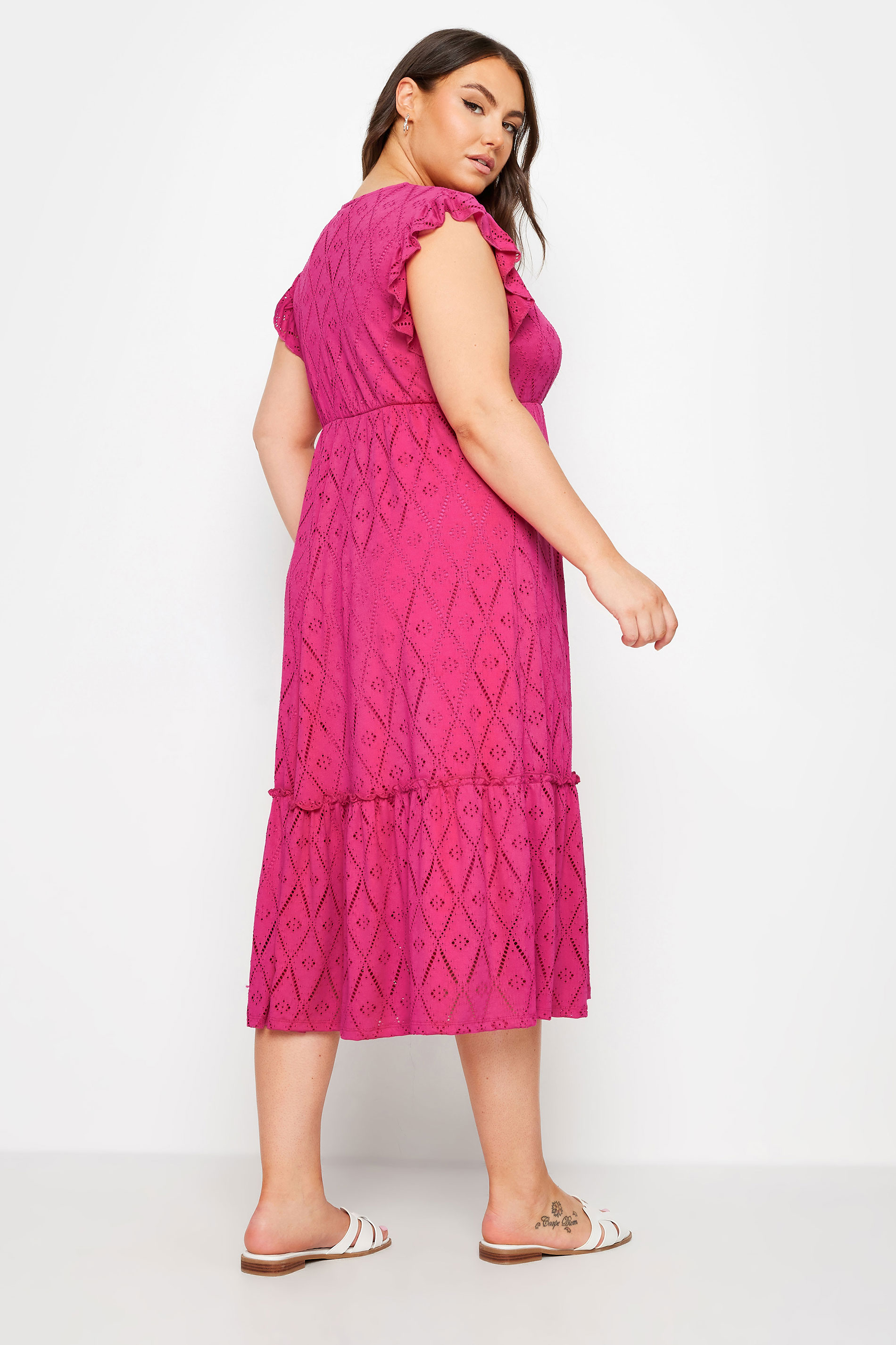 YOURS Plus Size Pink Broderie Anglaise Midaxi Dress | Yours Clothing 3