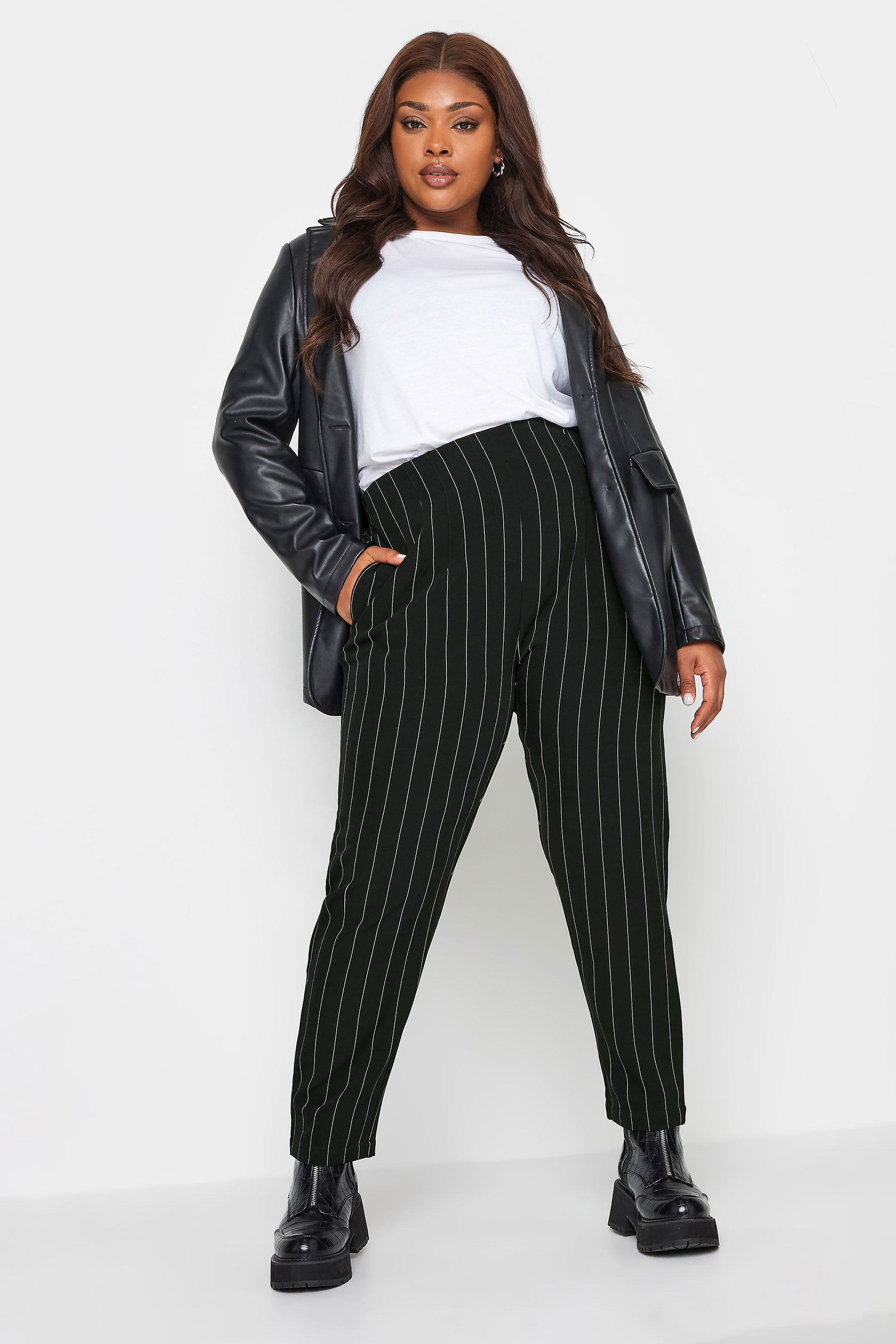 YOURS Plus Size Black Stripe Print Darted Waist Tapered Trousers | Yours Clothing 2