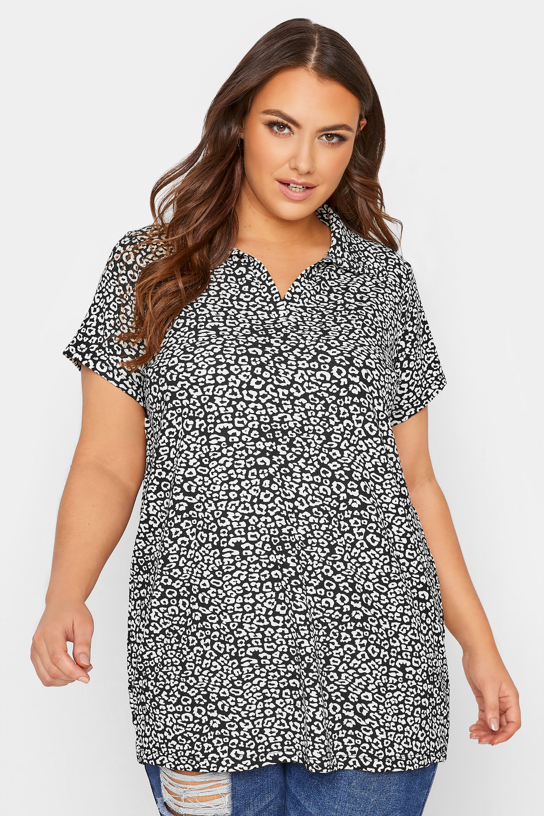 Plus Size Black Leopard Print Polo Neck Top | Yours Clothing 1