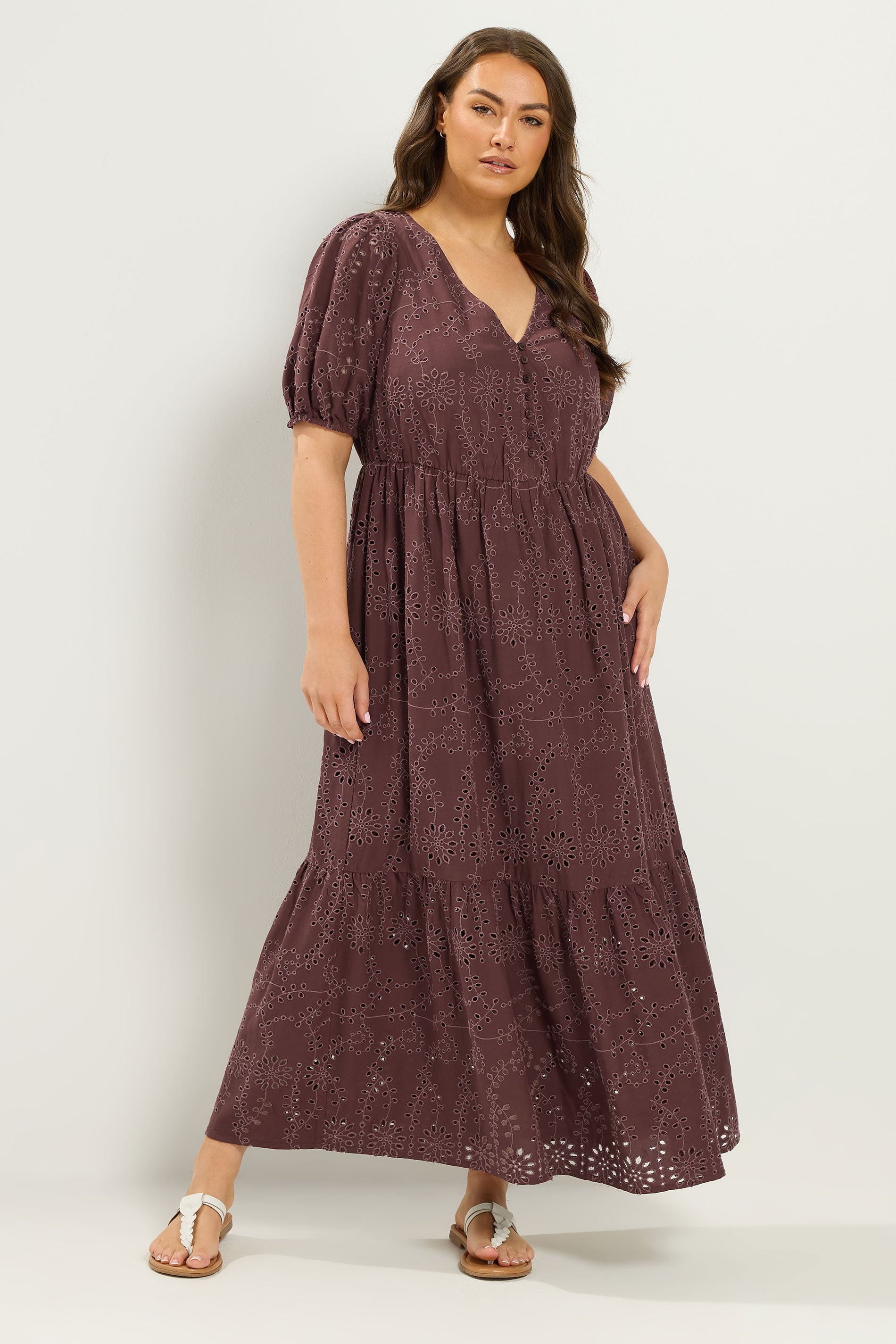 YOURS Plus Size Chocolate Brown Broderie Anglaise Tea Dress | Yours Clothing 3