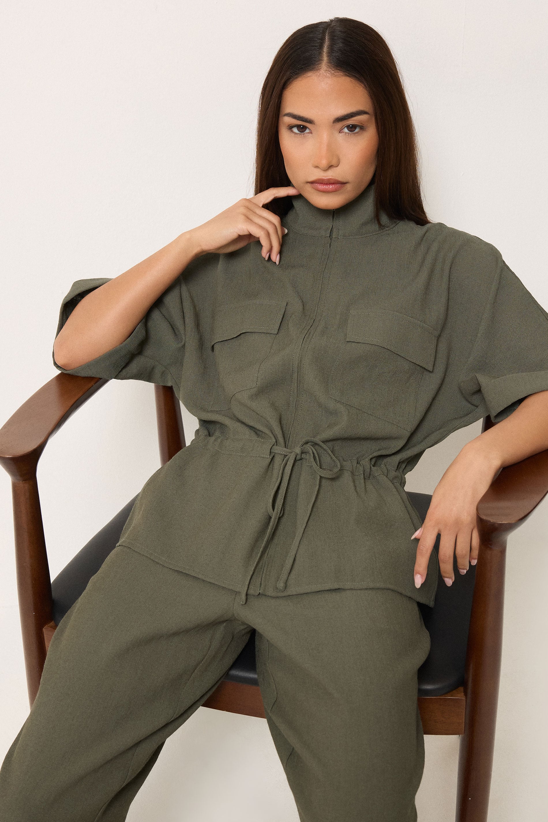 PixieGirl Petite Women's Khaki Green Funnel Neck Shacket | PixieGirl 3