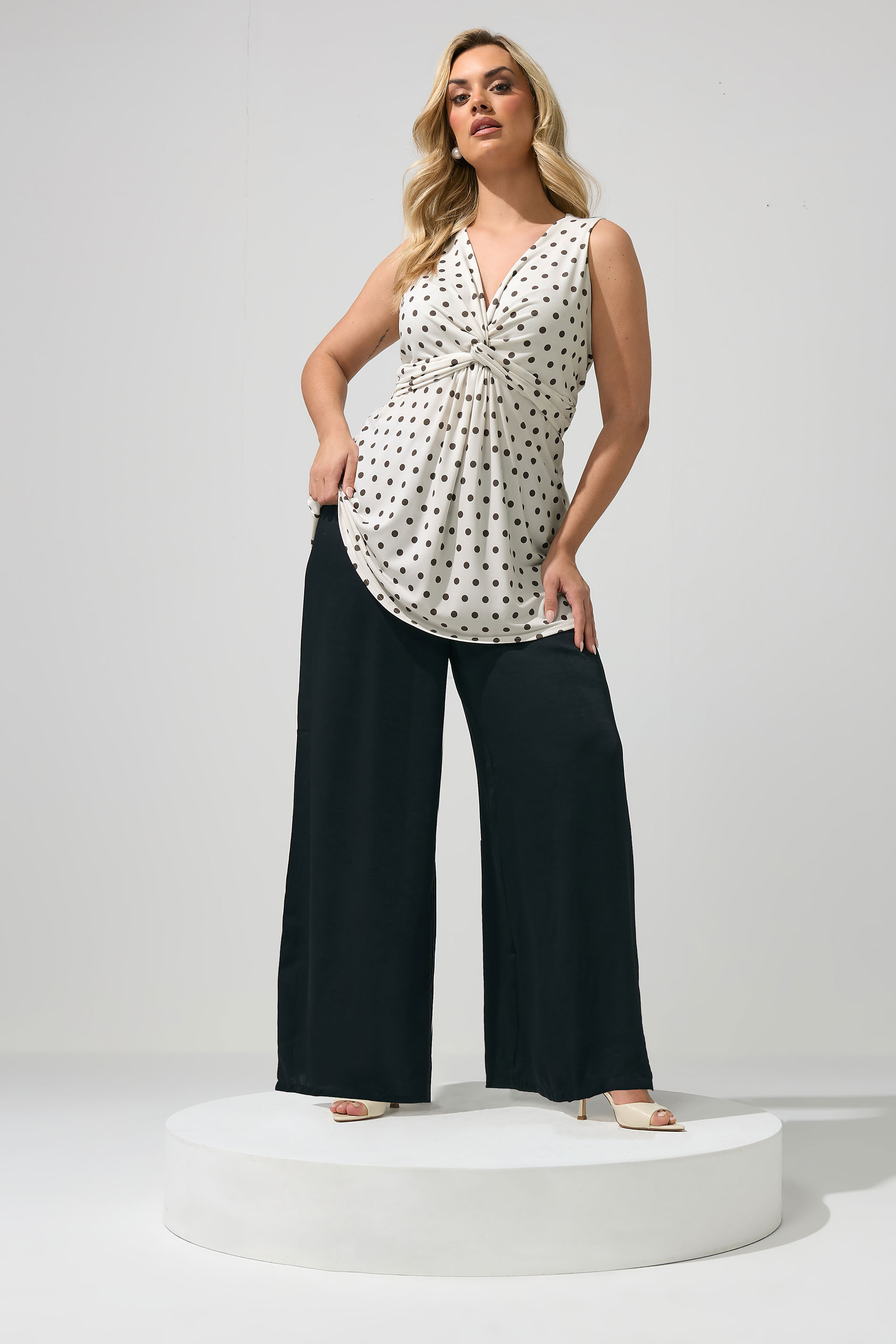 YOURS LONDON Plus Size Ivory White Polka Dot Knot Front Top | Yours Clothing 1