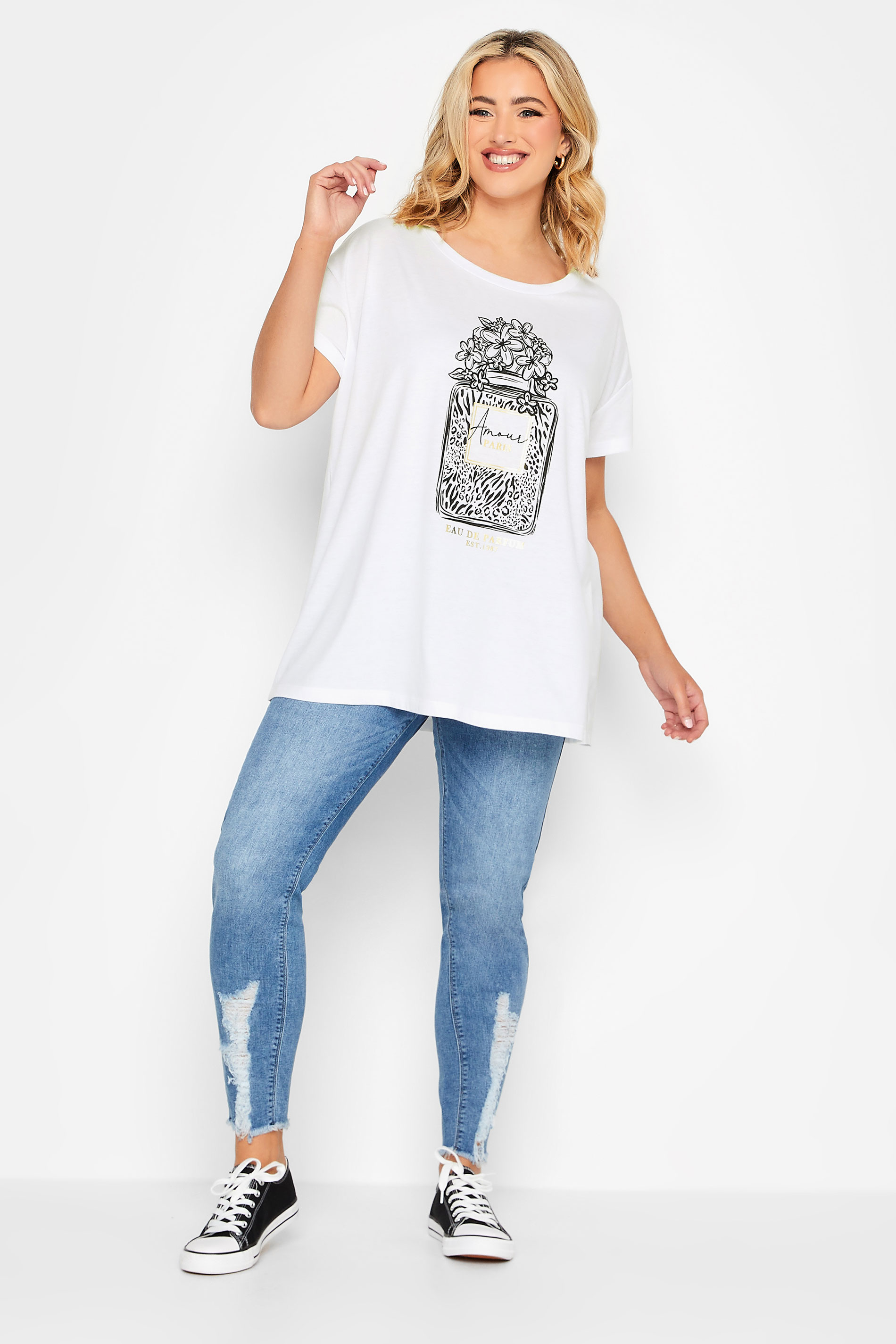 YOURS Plus Size White 'Amour' Perfume Print T-Shirt | Yours Clothing 2