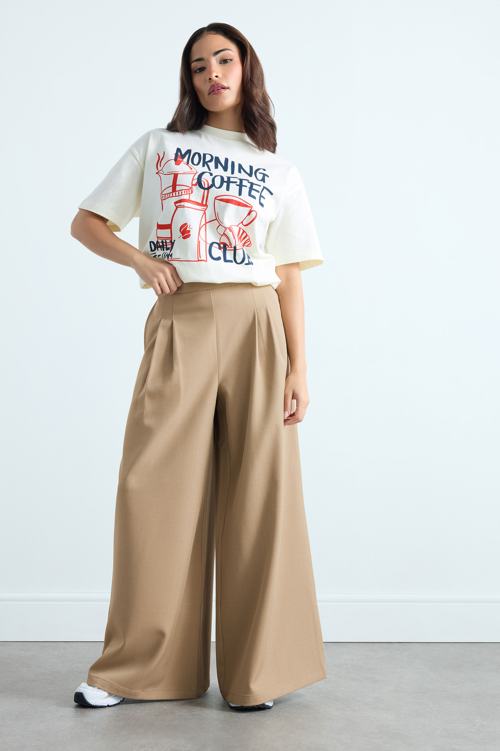 PixieGirl Petite Women's Natural Brown Pleat Front Palazzo Trousers | PixieGirl 3