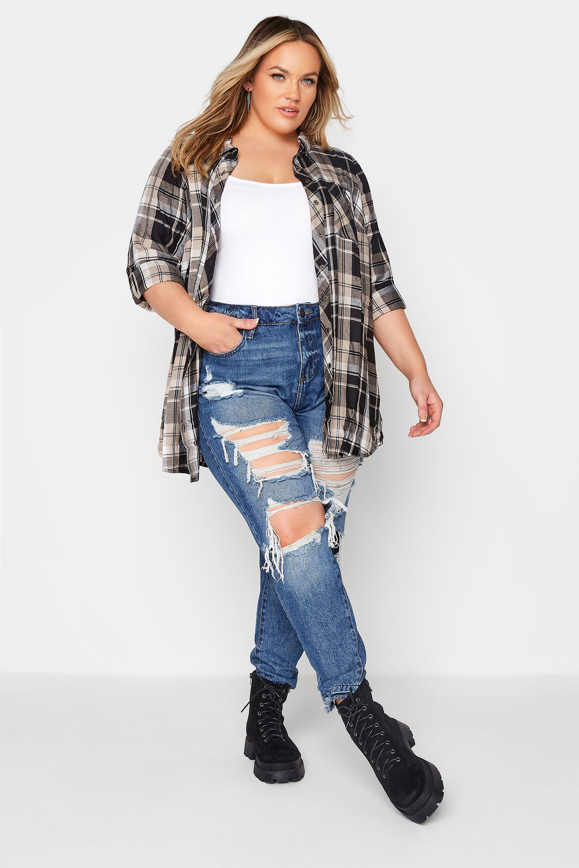 Beige Check Boyfriend Shirt 