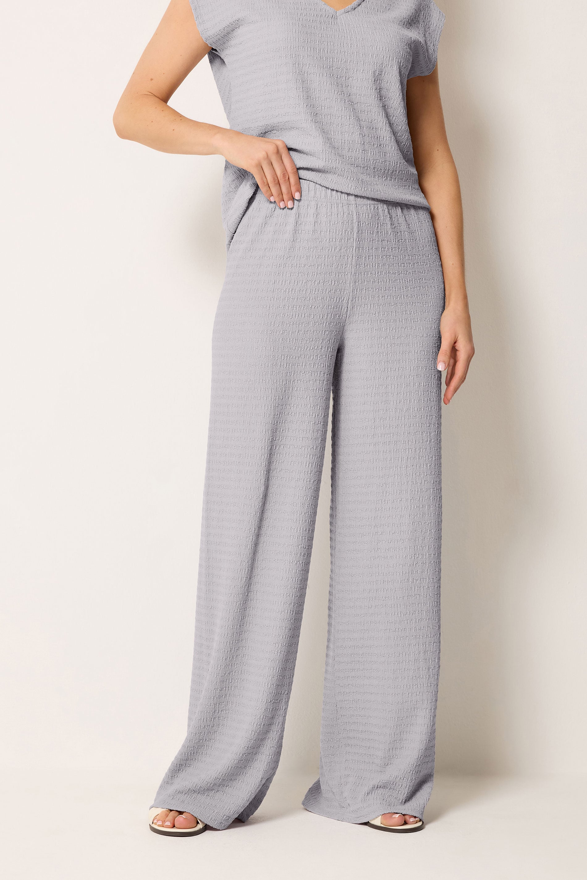 LTS Tall Women's Light Grey Textured Elasticated Wide Leg Trousers | Long Tall Sally 1