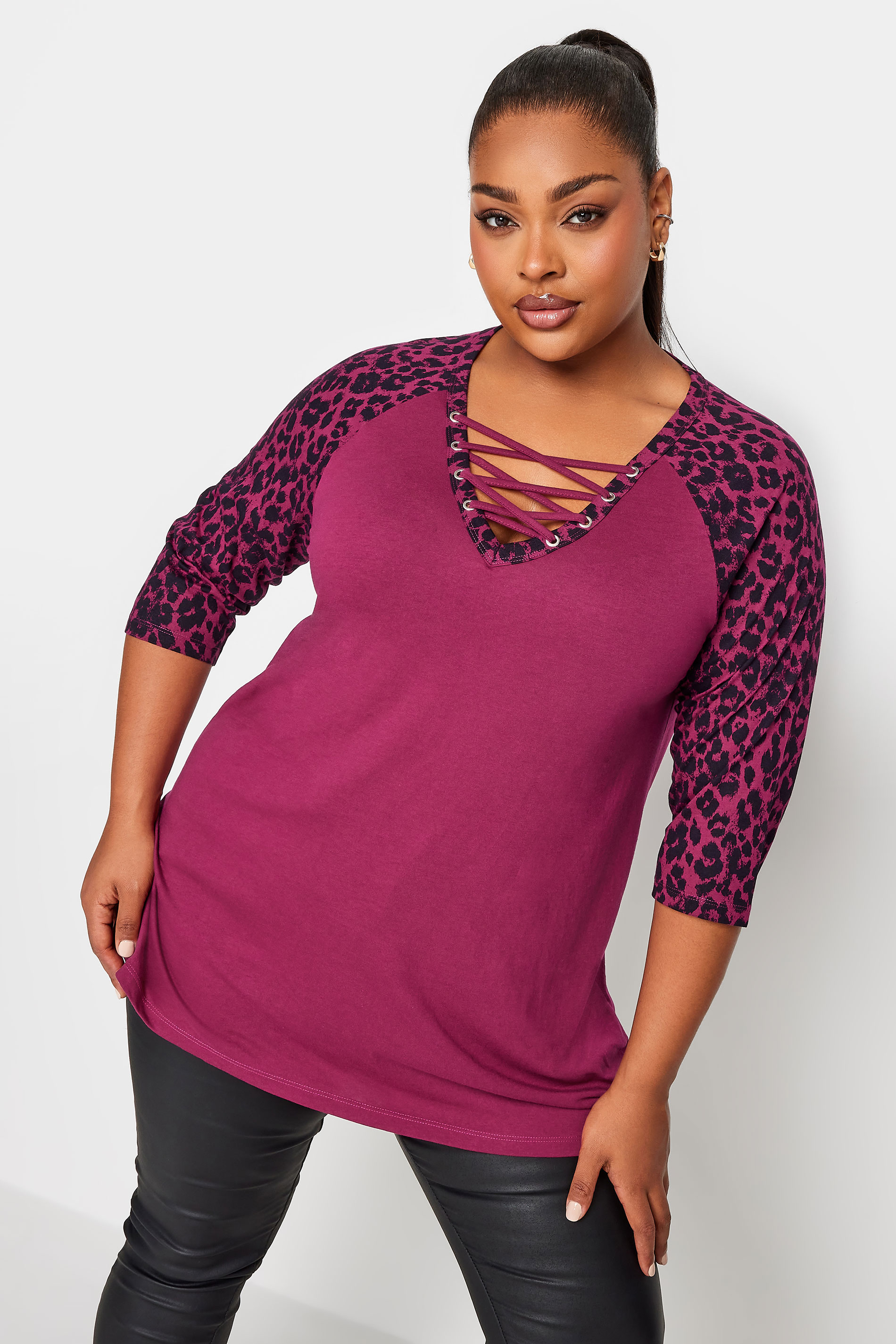 YOURS Plus Size Pink Leopard Print Lace Up Eyelet Top | Yours Clothing 1