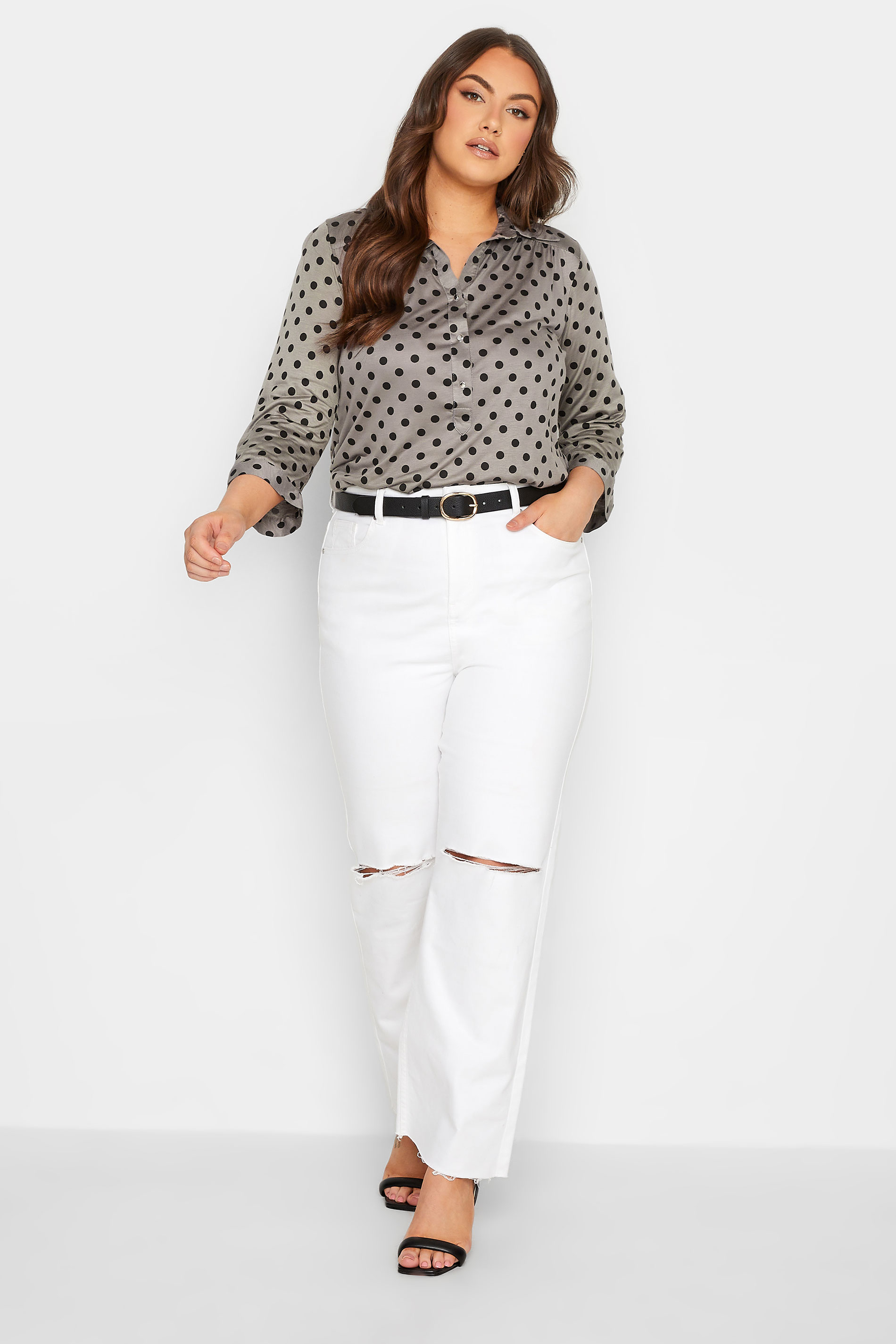 Curve Plus Size Polka Dot Grey Half Placket Shirt | Yours Clothing 2