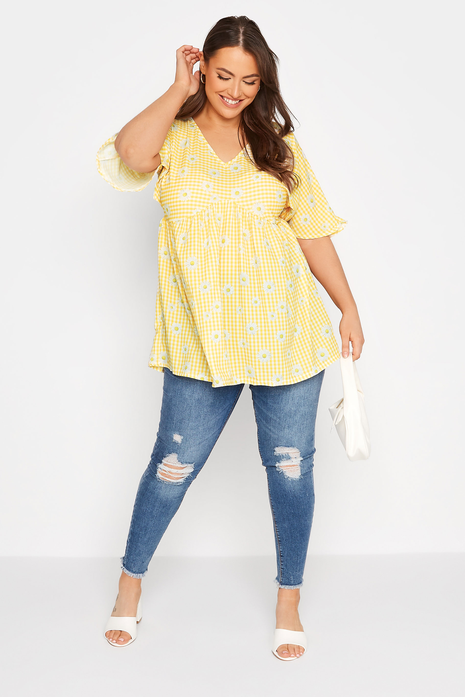 Grande taille  Tops Grande taille  Tops Péplum | LIMITED COLLECTION - Top Jaune Style Kimono Marguerites - QH63998