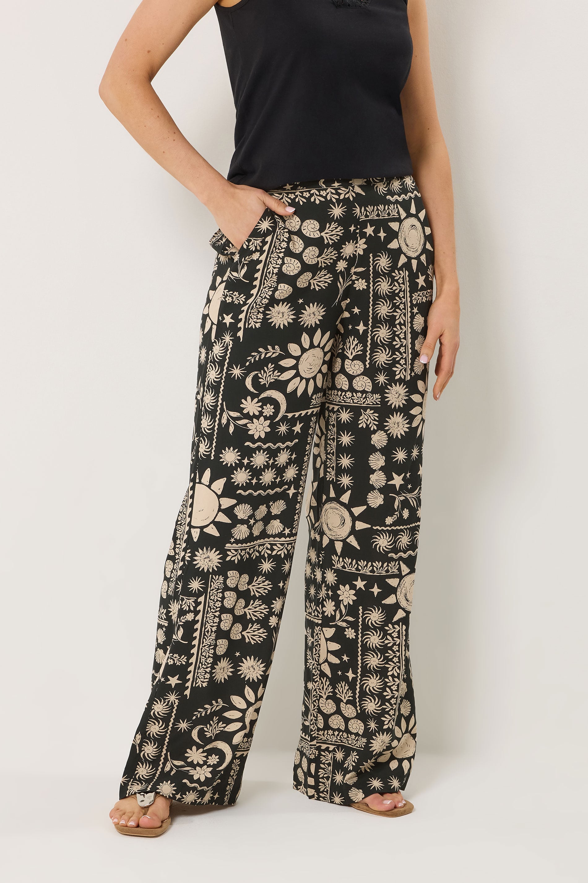 LTS Tall Women's Black Tropical Print Wide Leg Trousers | Long Tall Sally 1