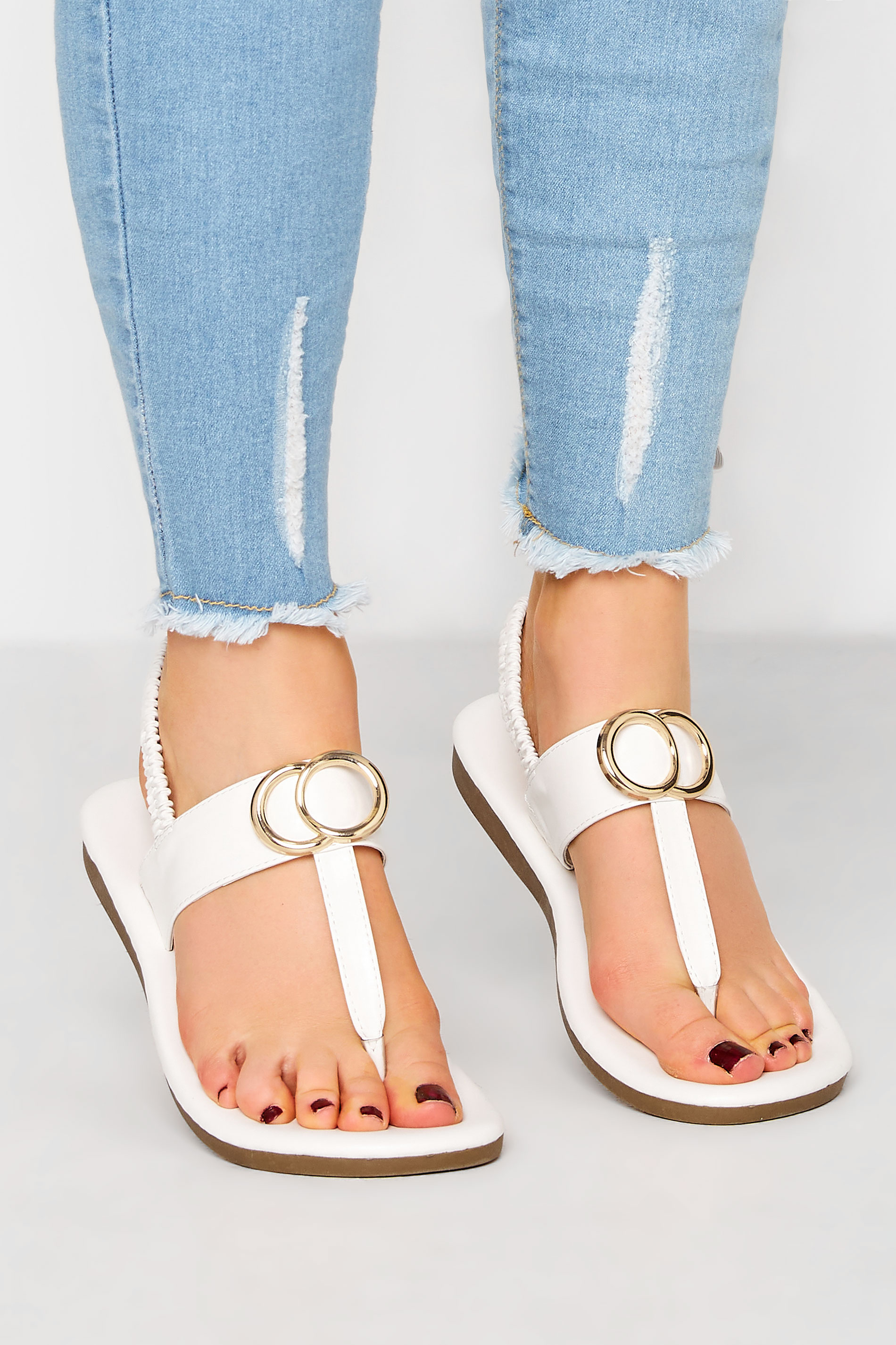 LIMITED COLLECTION White & Gold Double Ring Sandals In Wide E Fit & Extra Wide EEE Fit 1