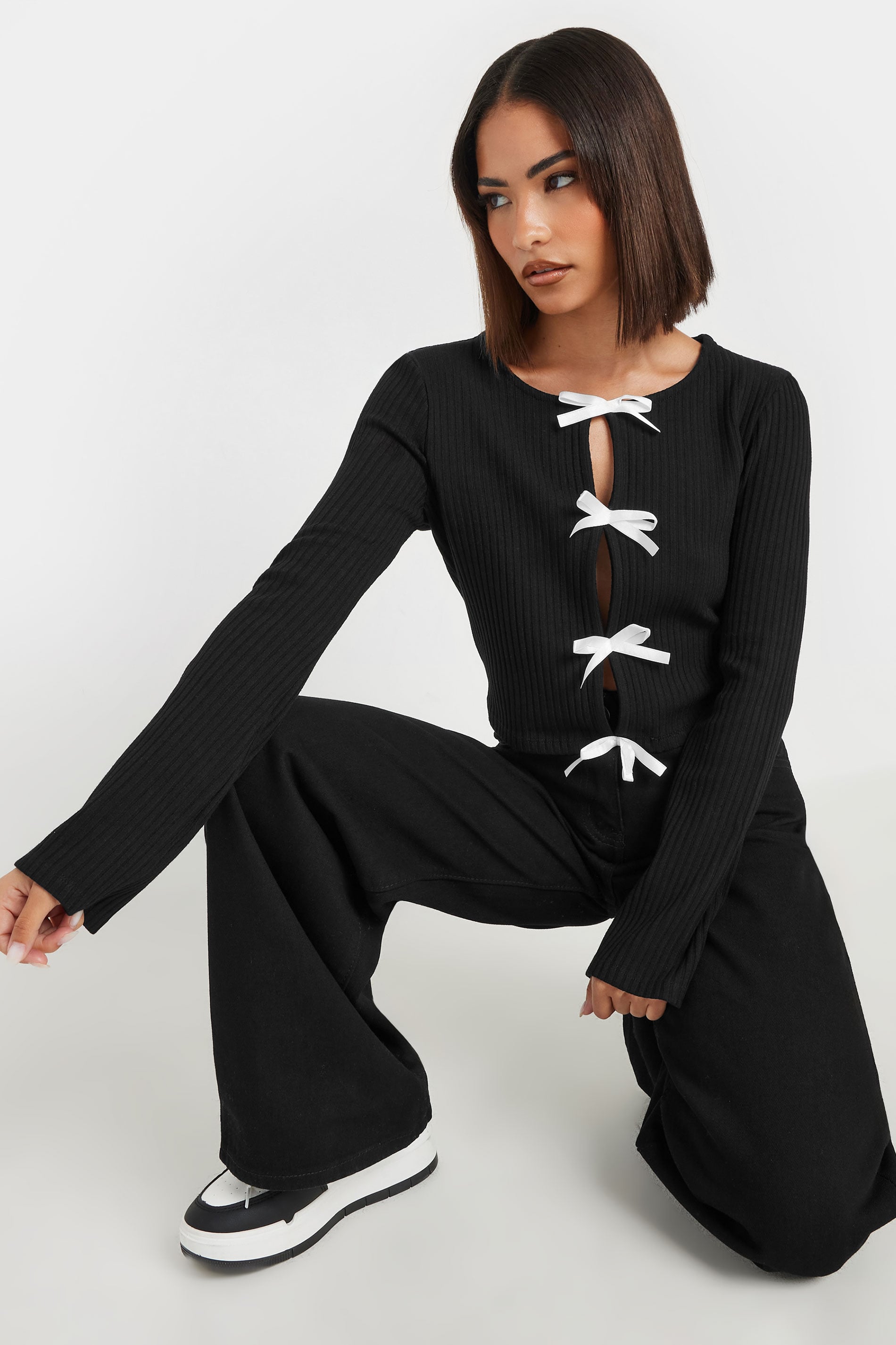 PixieGirl Petite Women's Black Ribbed Bow Detail Long Sleeve Top | PixieGirl 4