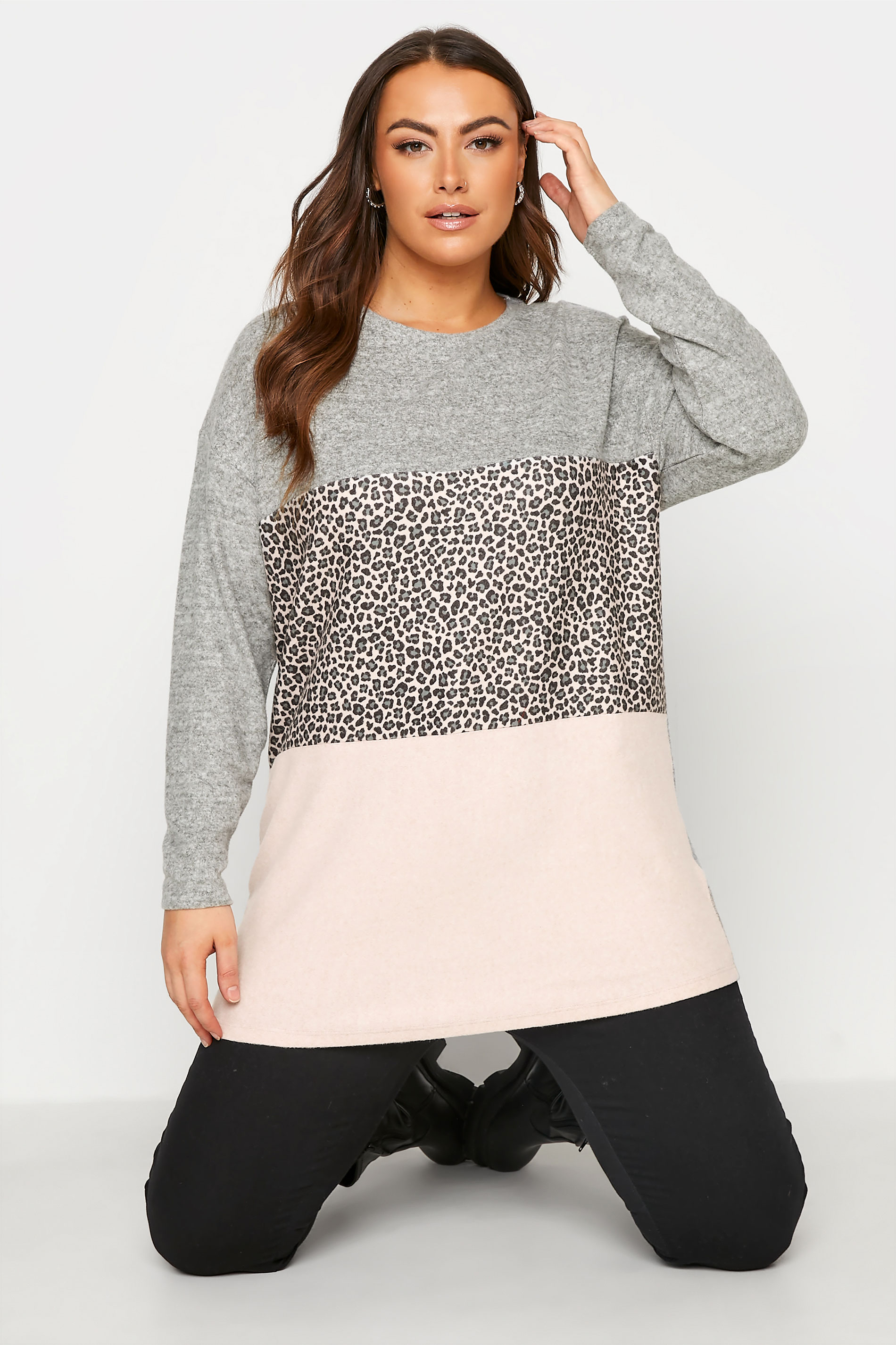 Plus Size Curve Grey Leopard Print Colour Block Soft Touch Top | Yours Clothing 1