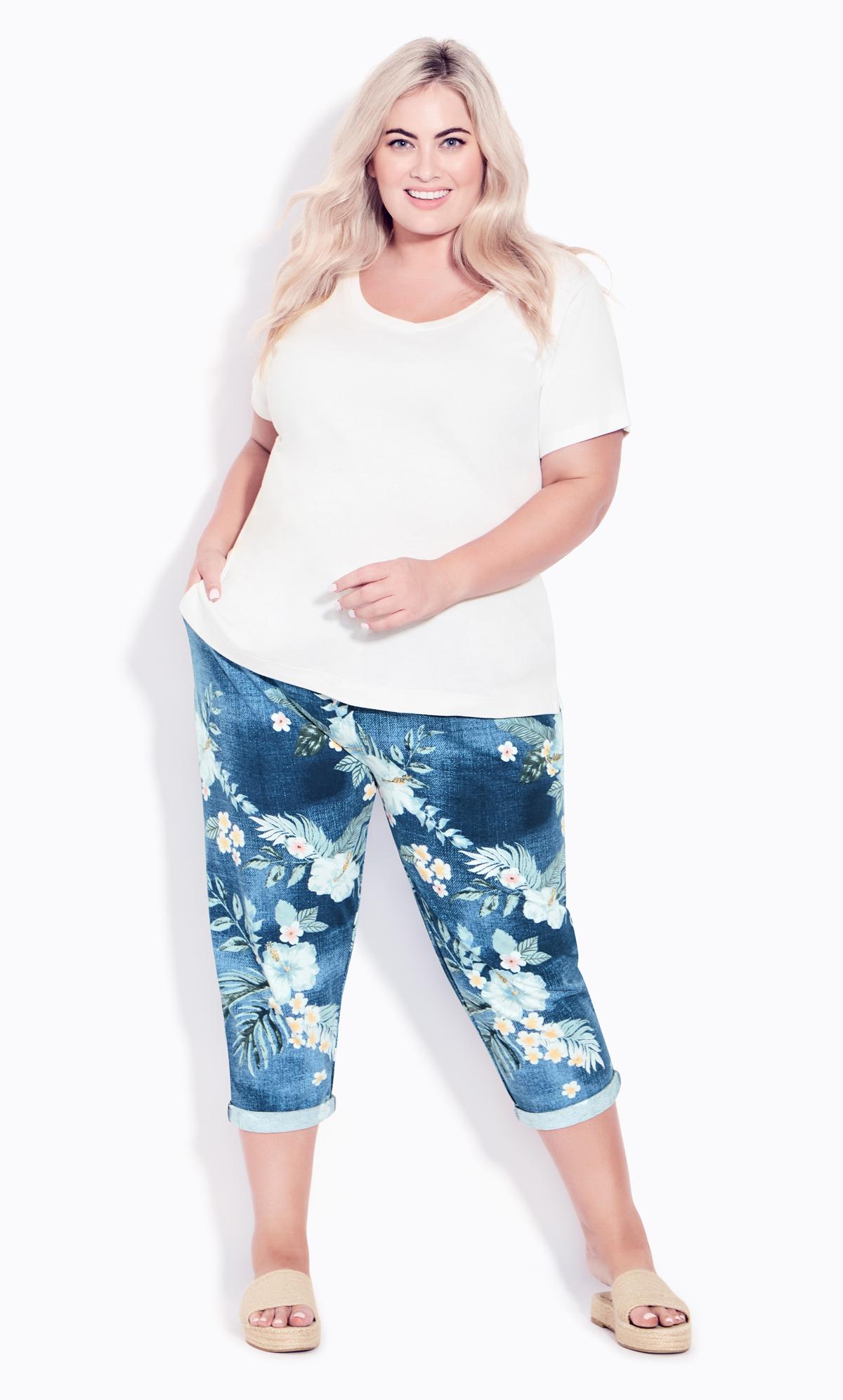 Evans Blue Washed Tropical Print Cropped Trousers 1