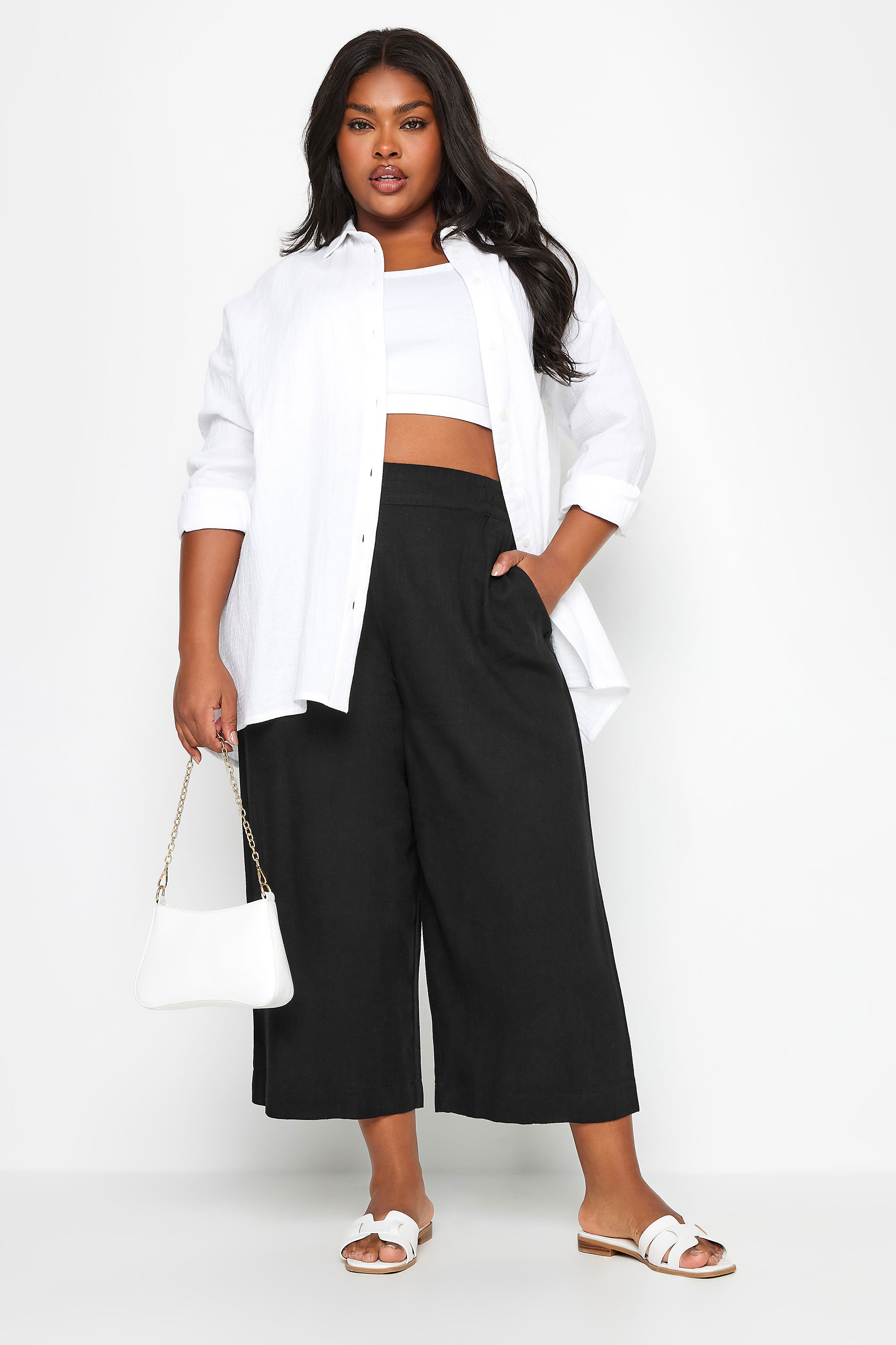 YOURS Plus Size Black Wide Leg Cropped Linen Trousers | Yours Clothing 2