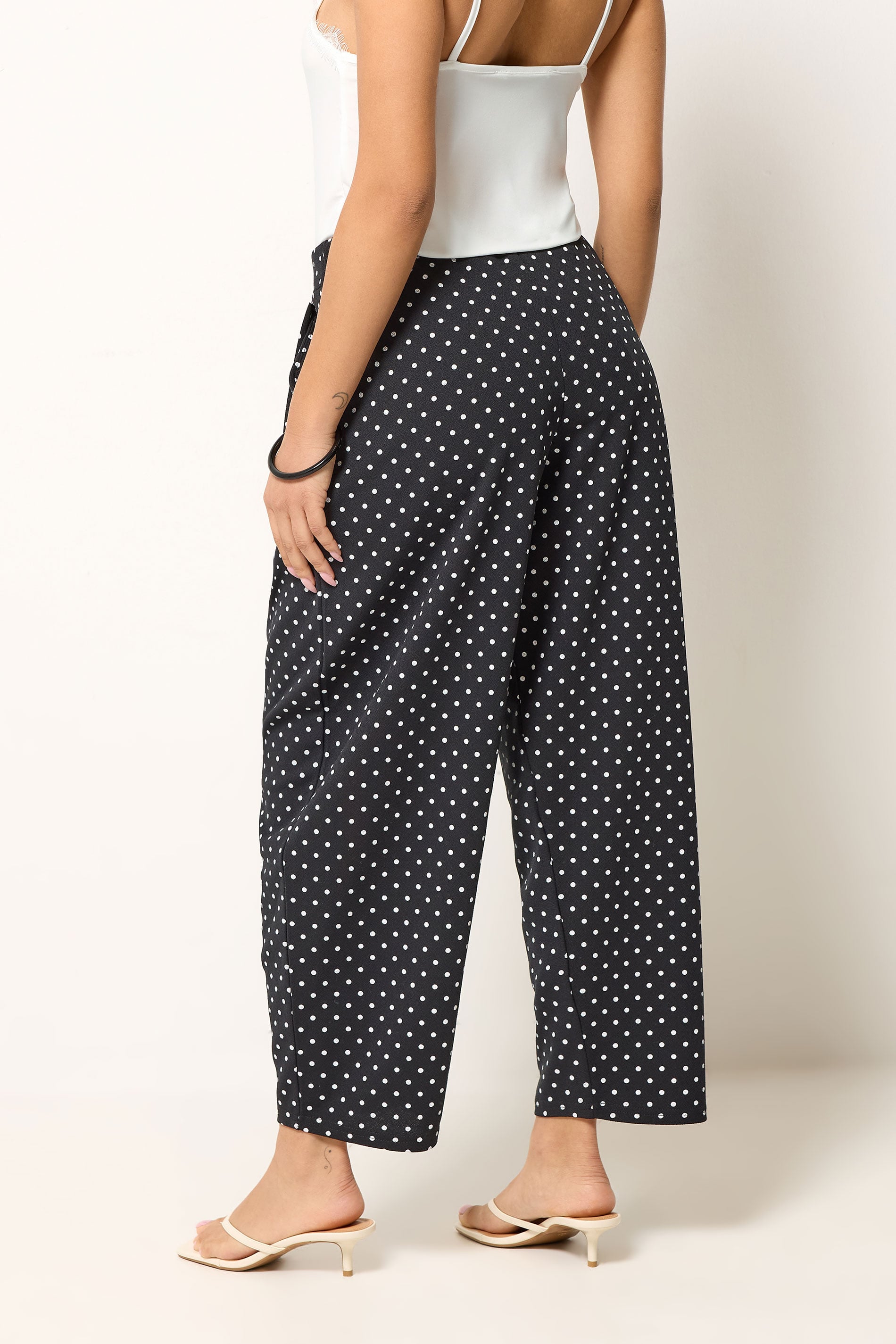 PixieGirl Petite Women's Black Polka Dot Barrel Leg Trousers | PixieGirl 2