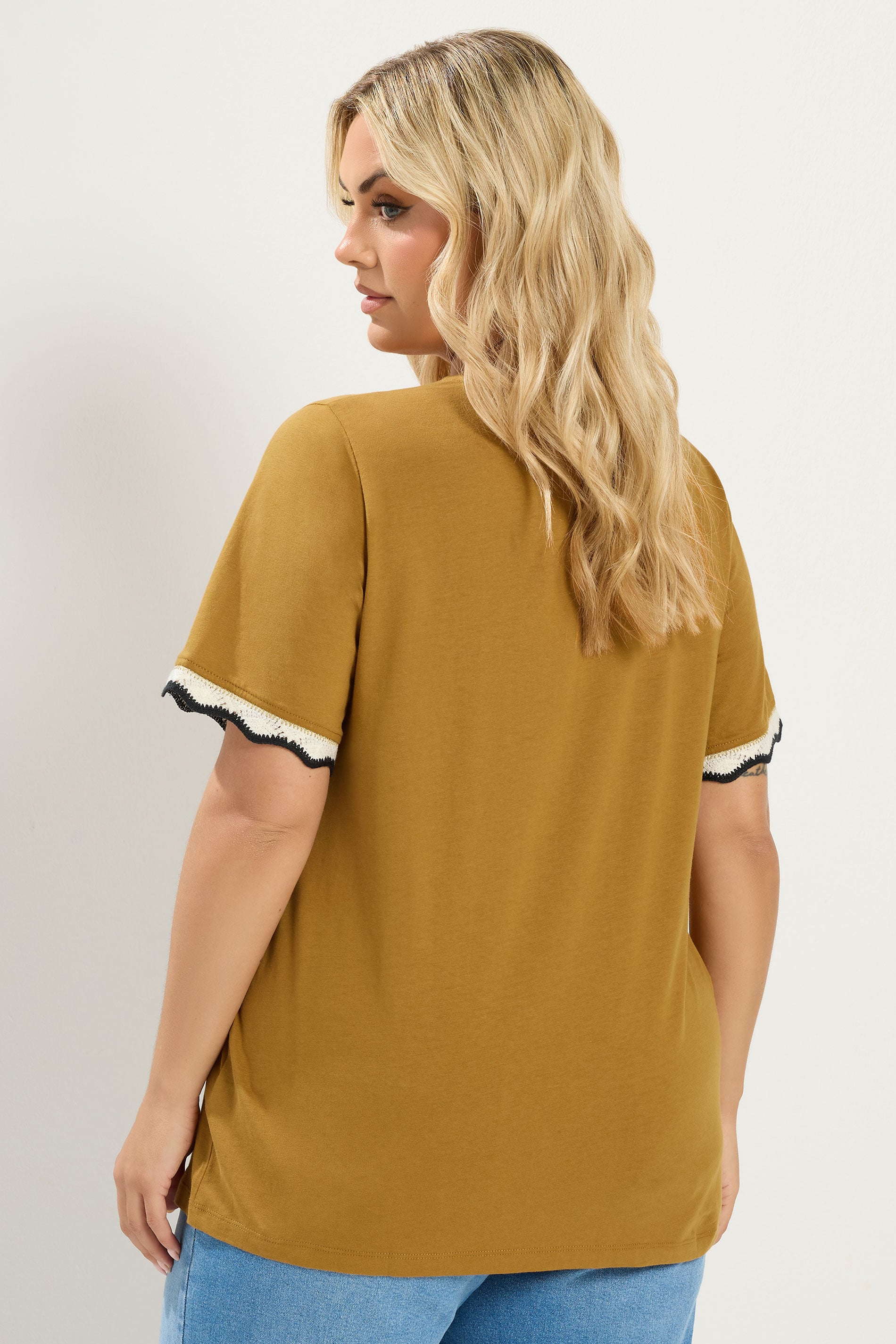 YOURS Plus Size Yellow Metallic Crochet Trim T-Shirt | Yours Clothing  4