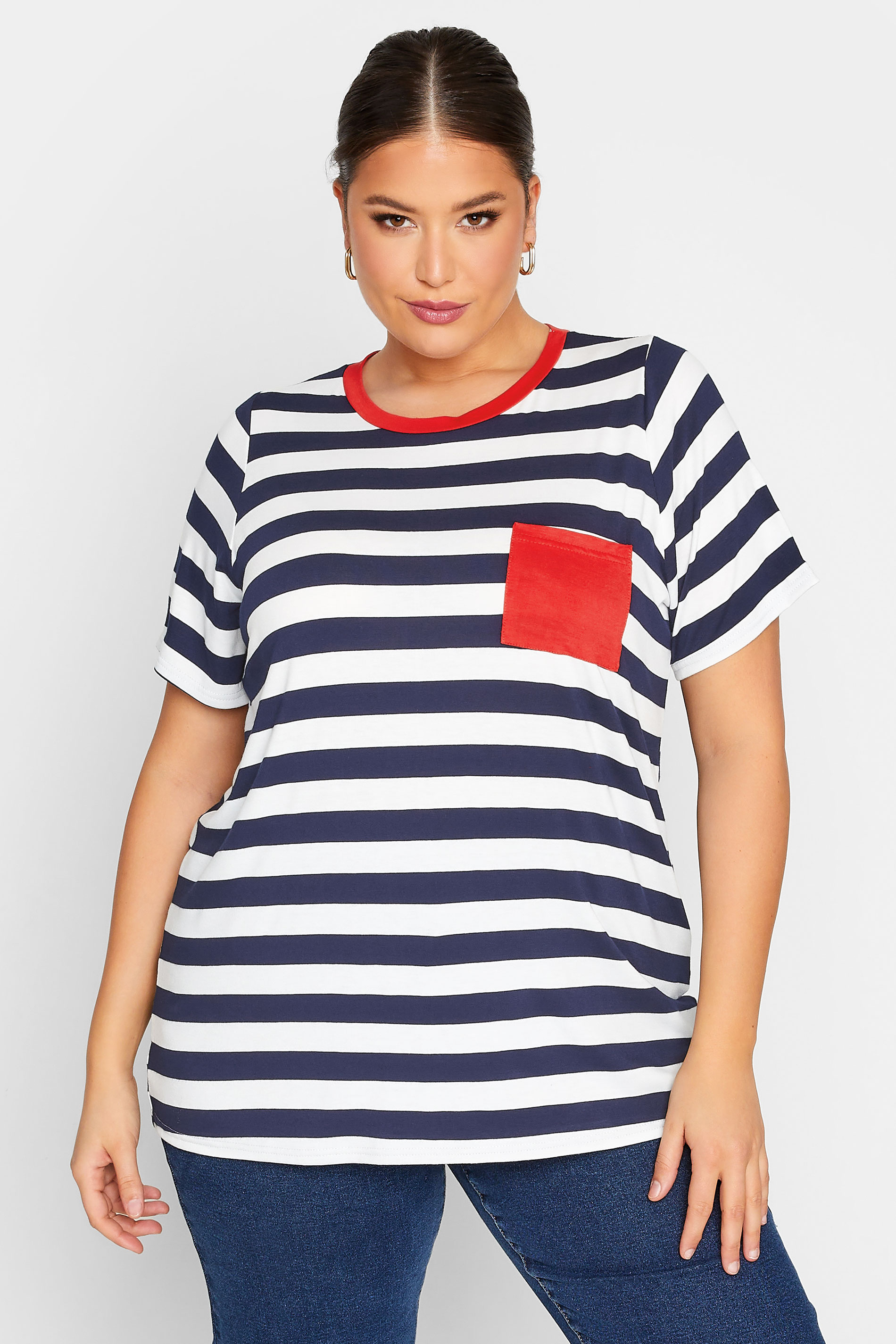 LIMITED COLLECTION Plus Size Navy Blue Stripe Contrast Collar Stripe T-Shirt | Yours Clothing  1