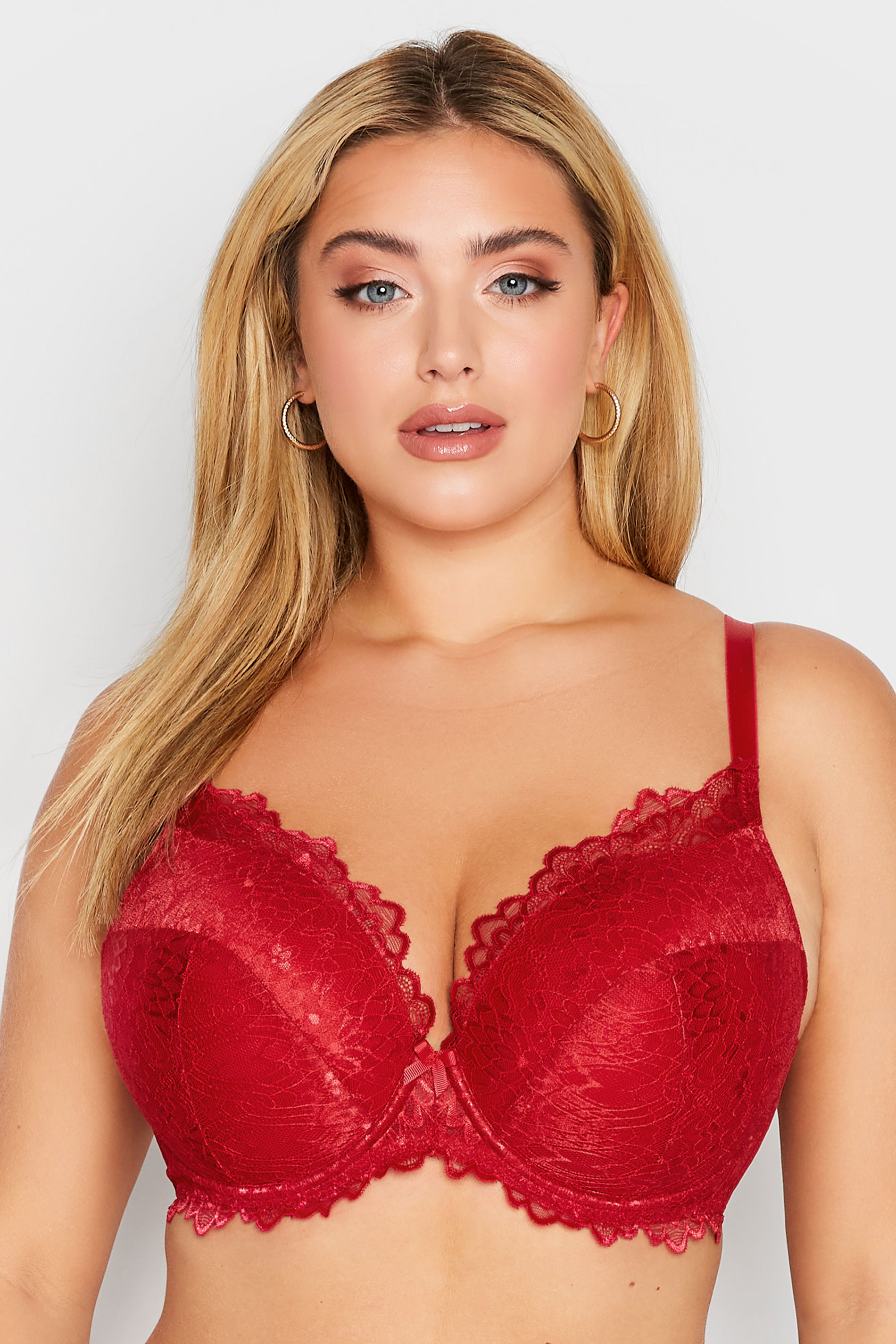 Red Lace Padded Underwired Plunge Bra | Yours Clothing 1
