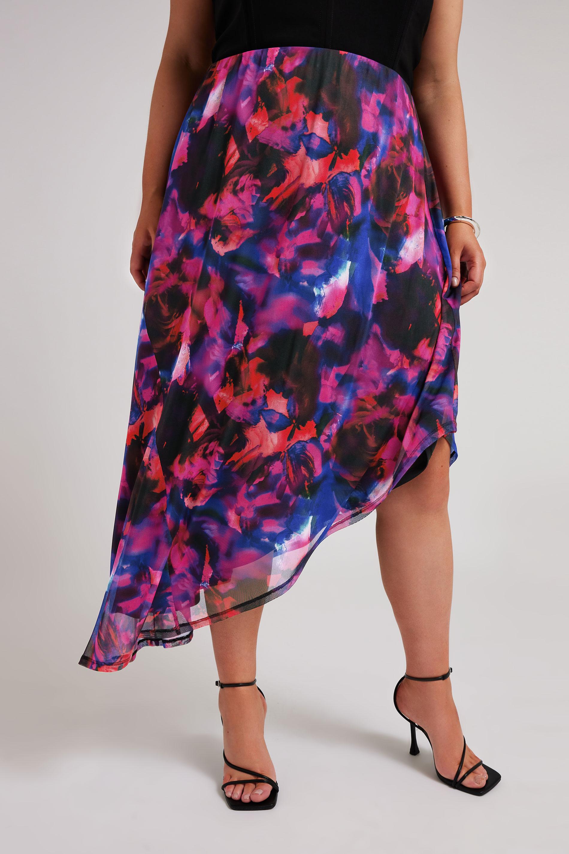 YOURS LONDON Plus Size Purple Abstract Print Asymmetric Mesh Skirt | Yours Clothing 1