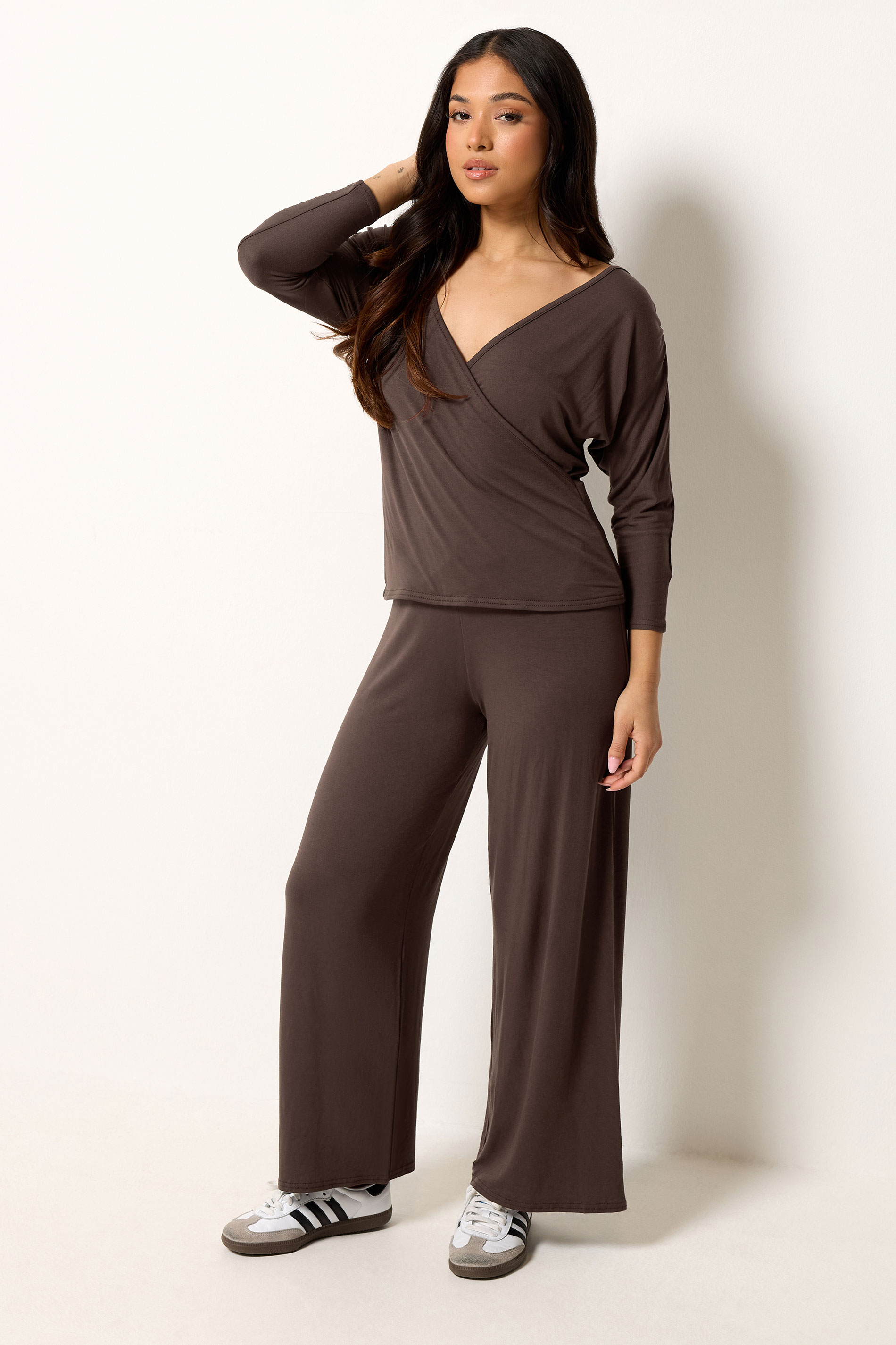 PixieGirl Petite Women's Set Chocolate Brown Wrap Top & Wide Leg Trousers | PixieGirl 1
