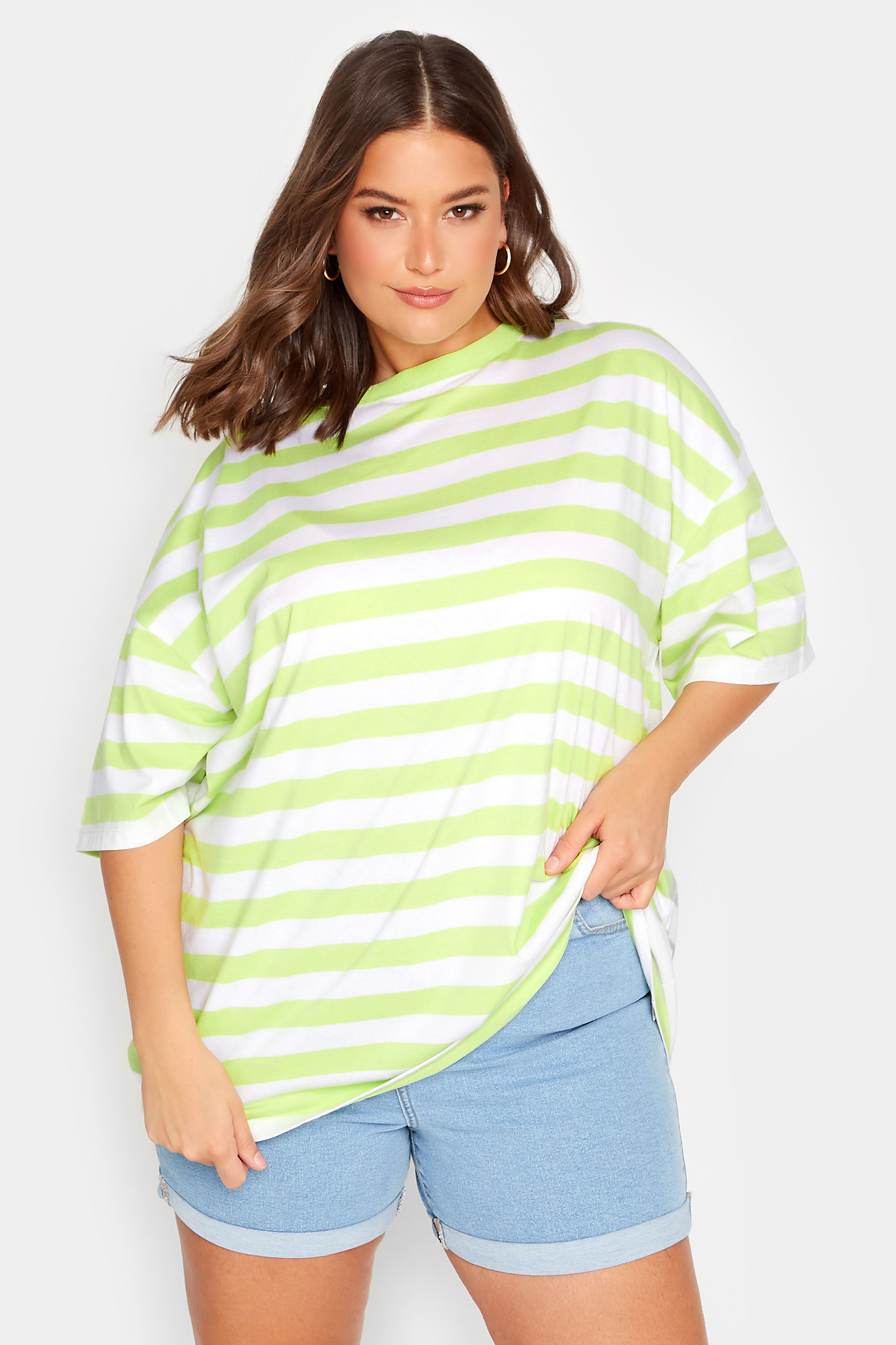 YOURS Plus Size Curve Lime Green Stripe Oversized Boxy T-Shirt | Yours Clothing  1