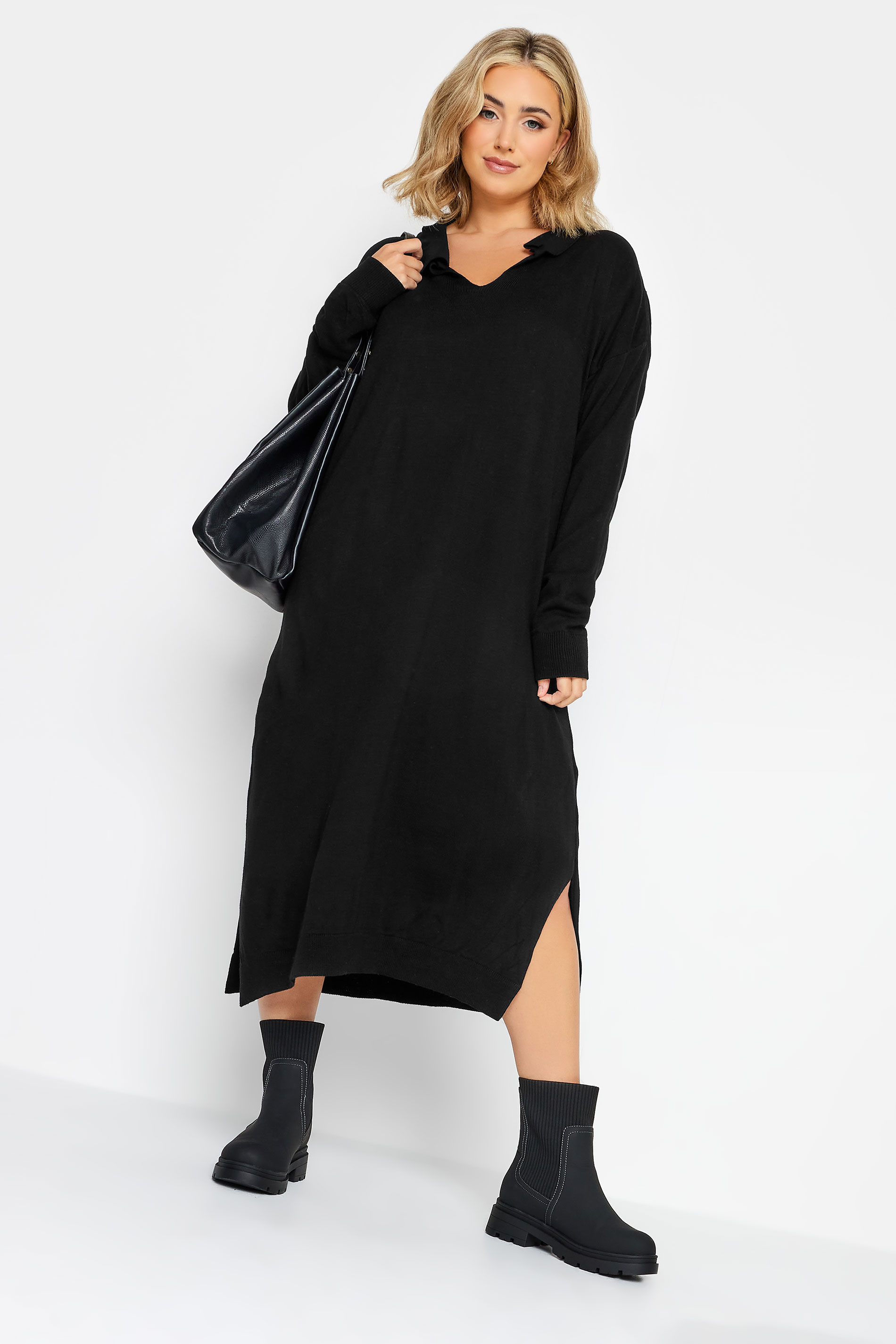 Plus Size Black Open Collar Knitted Jumper Dress | Yours Clothing 2