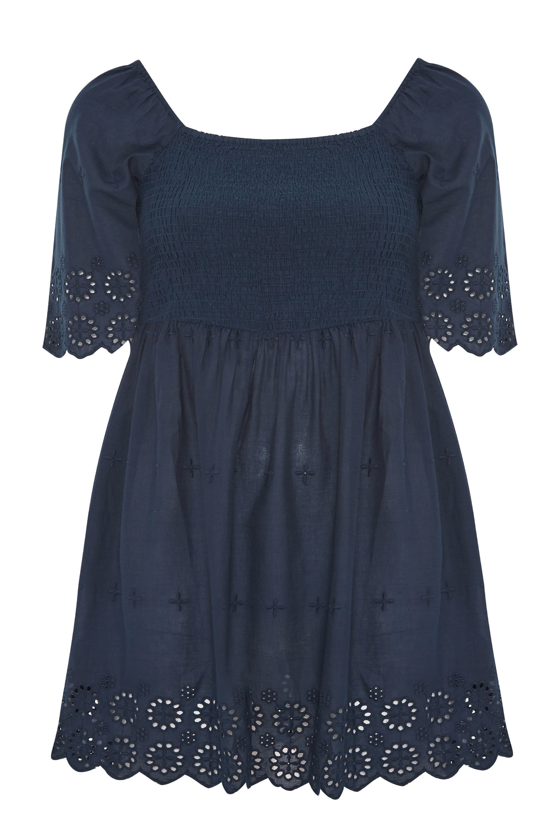 Navy Embroidered Square Neck Smock Top | Yours Clothing