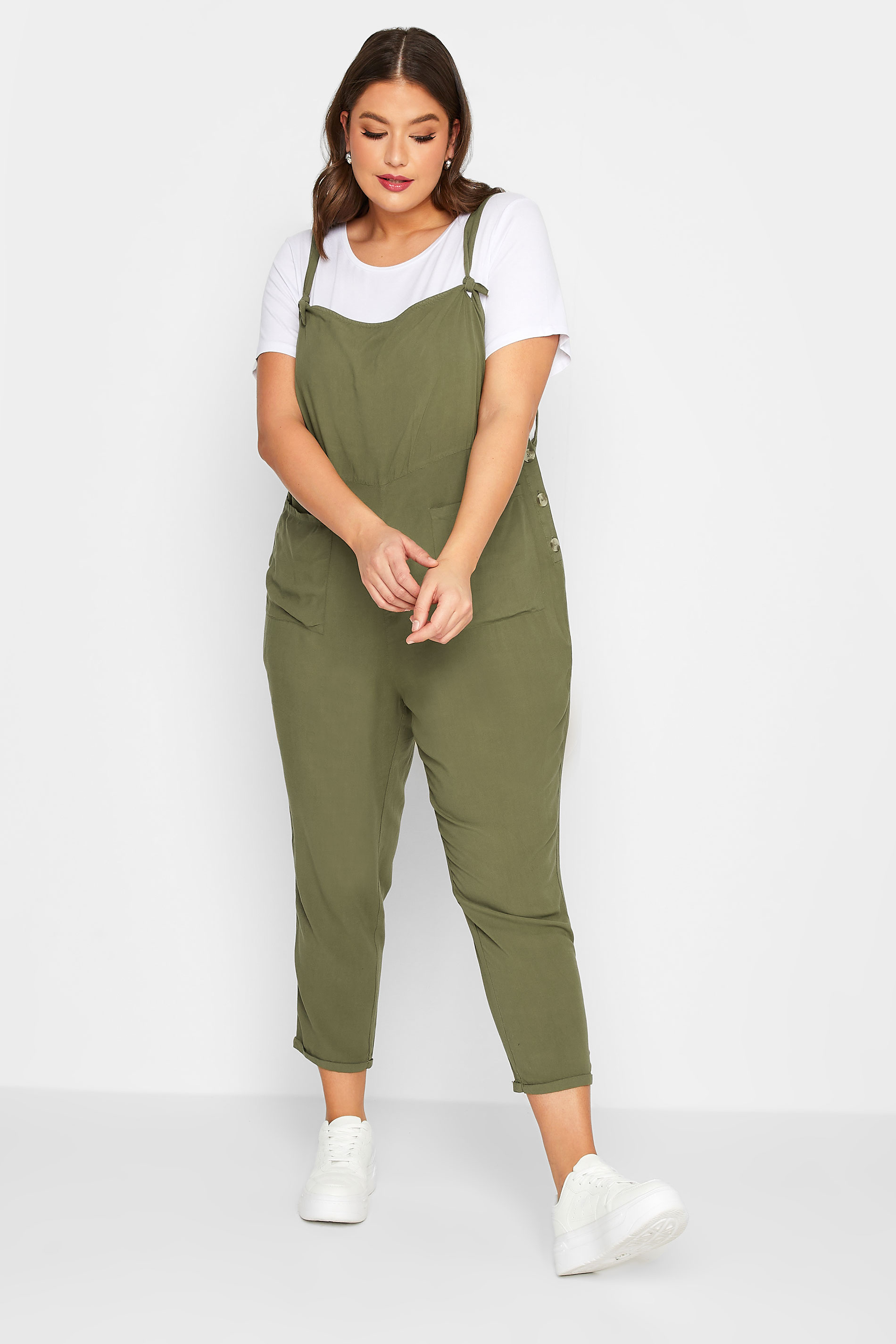 LIMITED COLLECTION Plus Size Curve Khaki Green Pocket Dungarees | Yours Clothing  2