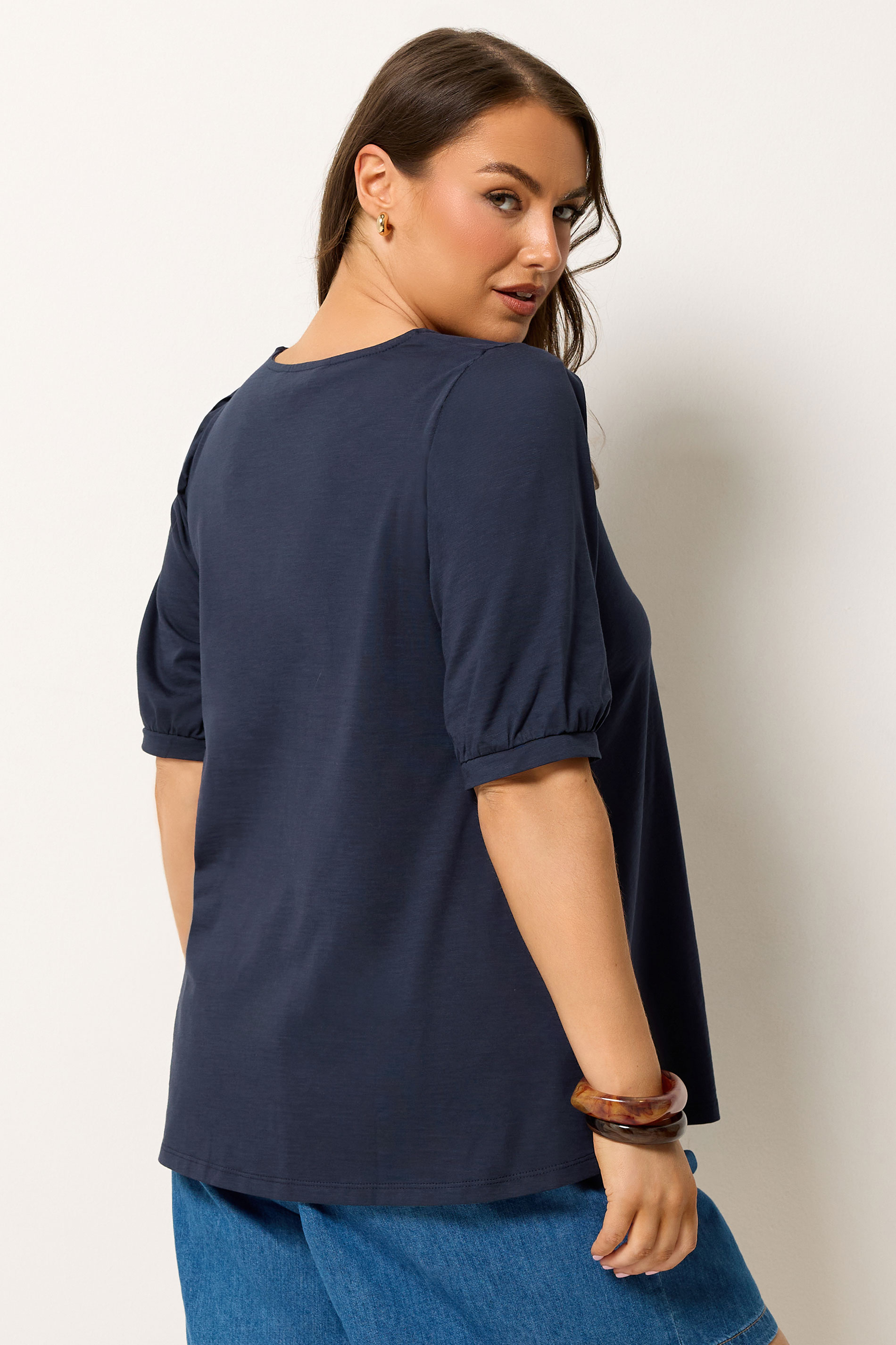YOURS Plus Size Navy Blue Button Front Puff Sleeve Top | Yours Clothing  2