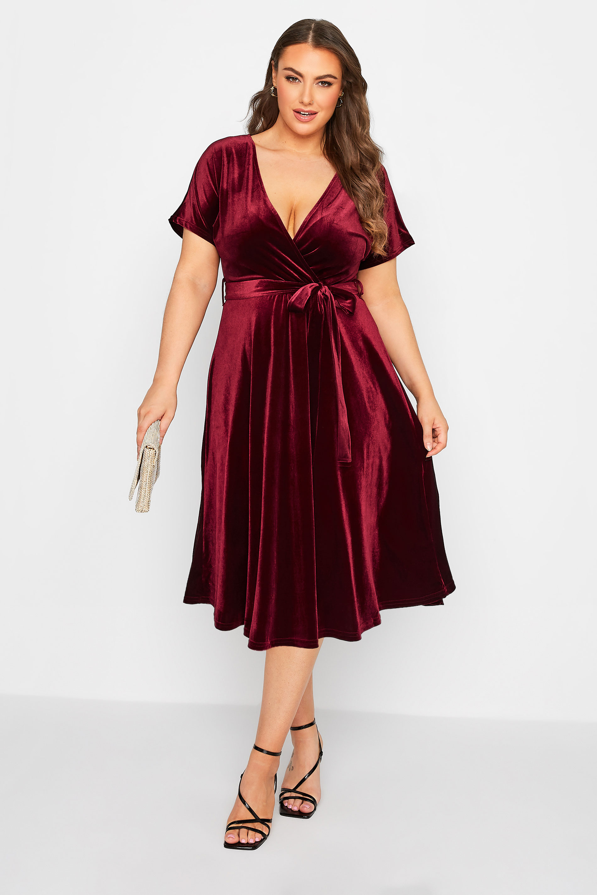 YOURS LONDON Curve Red Velvet Wrap Skater Dress | Yours Clothing 2