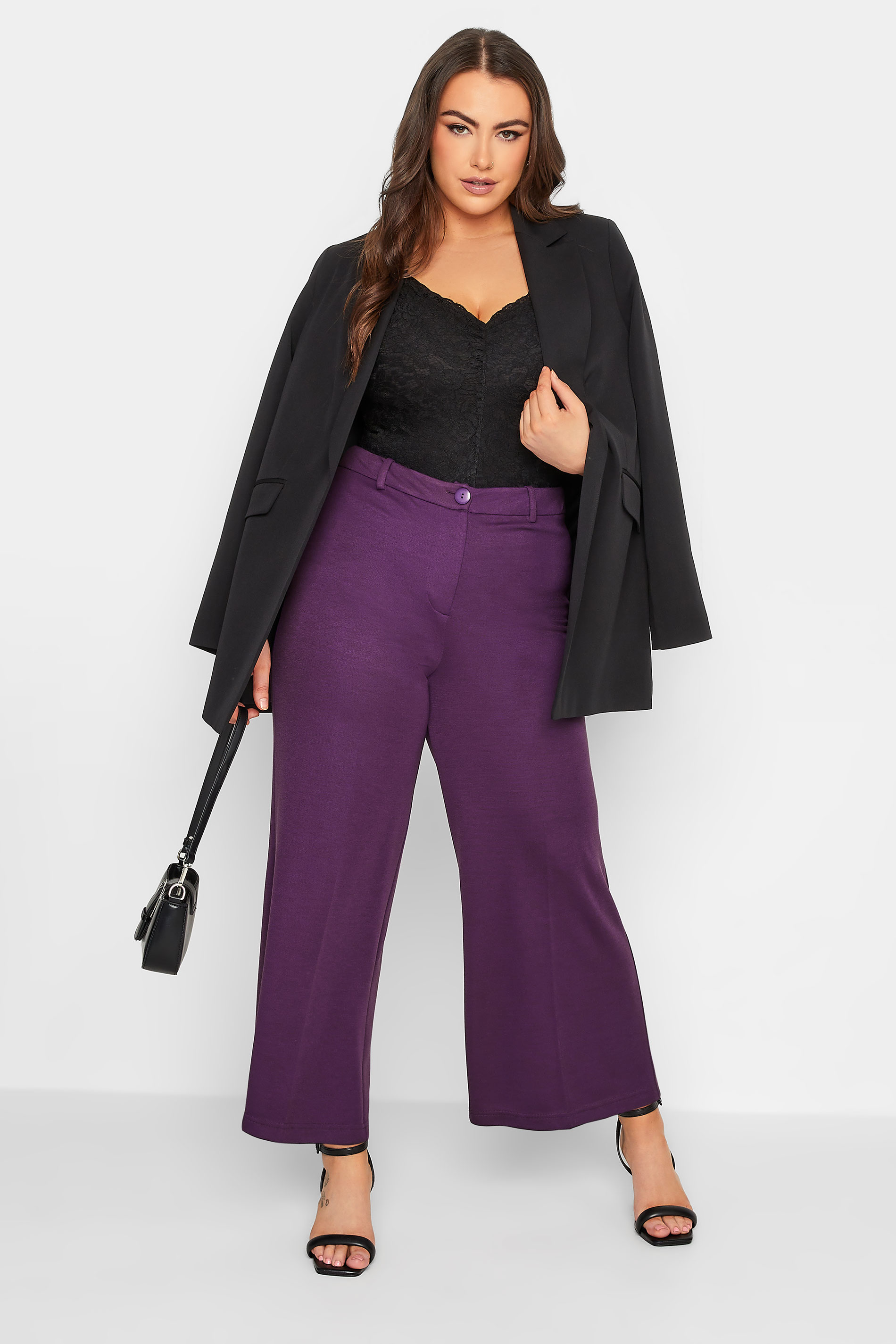 YOURS Plus Size Purple Wide Leg Button Up Trousers | Yours Clothing 2