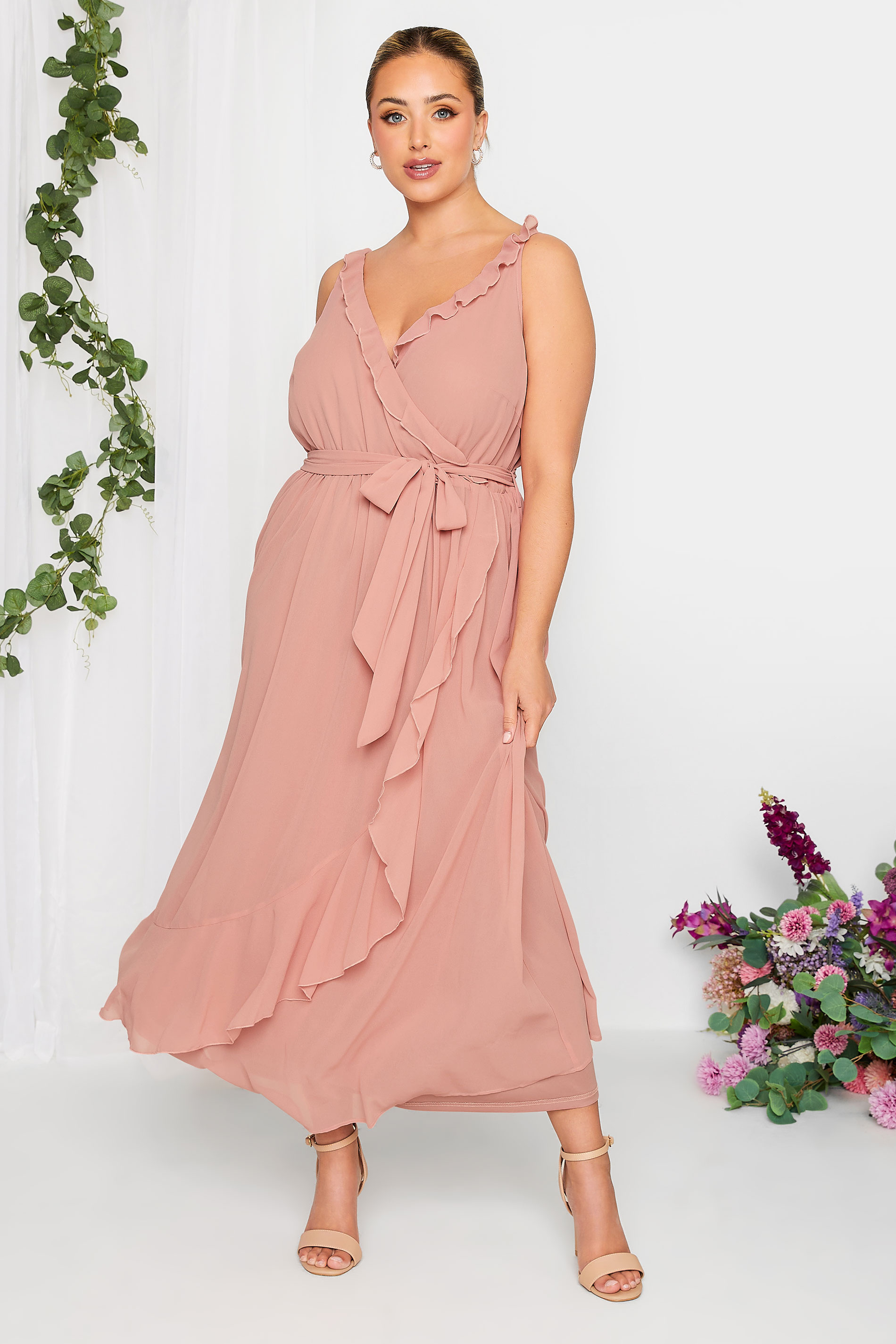 YOURS LONDON Plus Size Pink Ruffle Wrap Dress | Yours Clothing 1