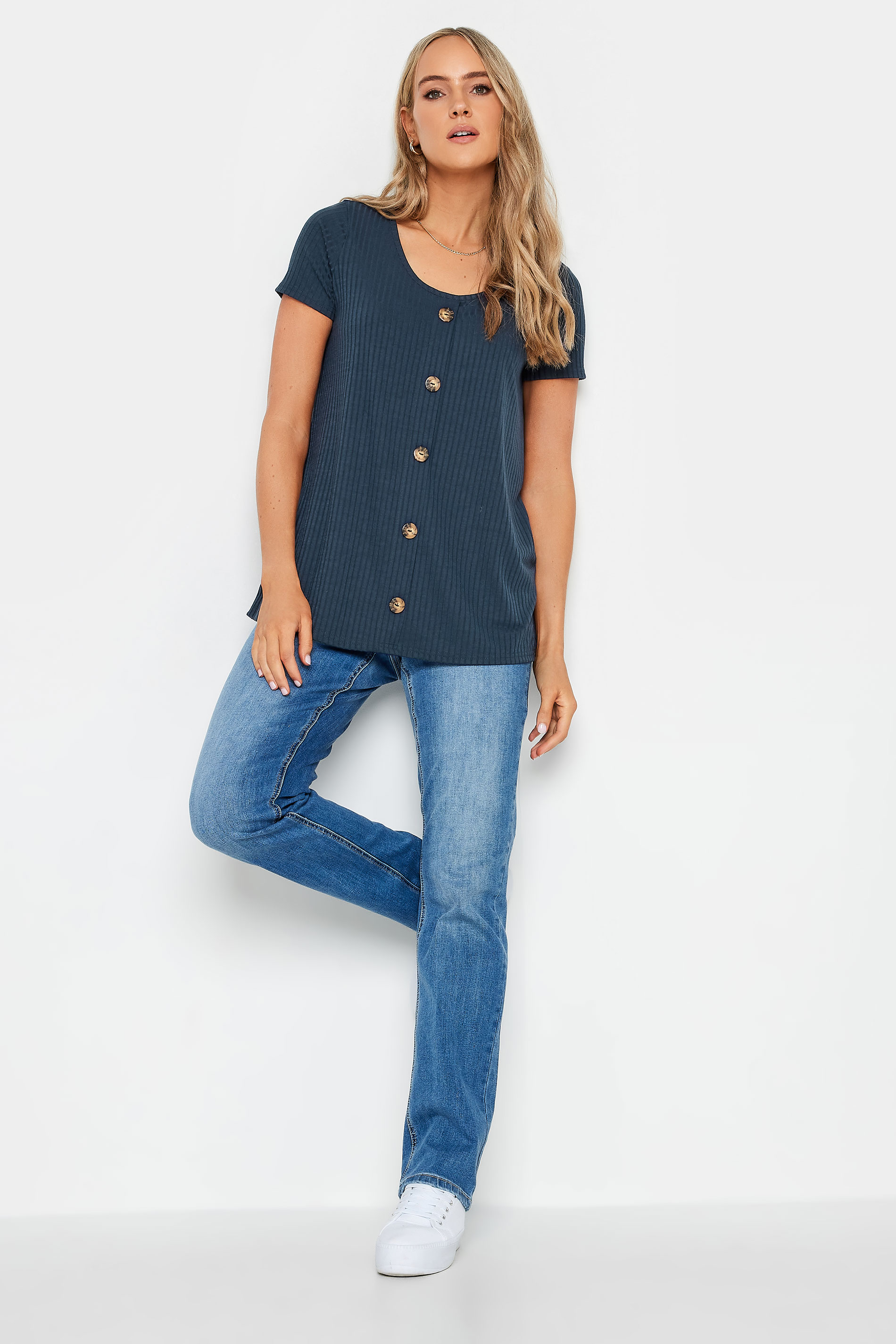 LTS Tall Women's Navy Blue Ribbed Button Detail T-Shirt | Long Tall Sally  2