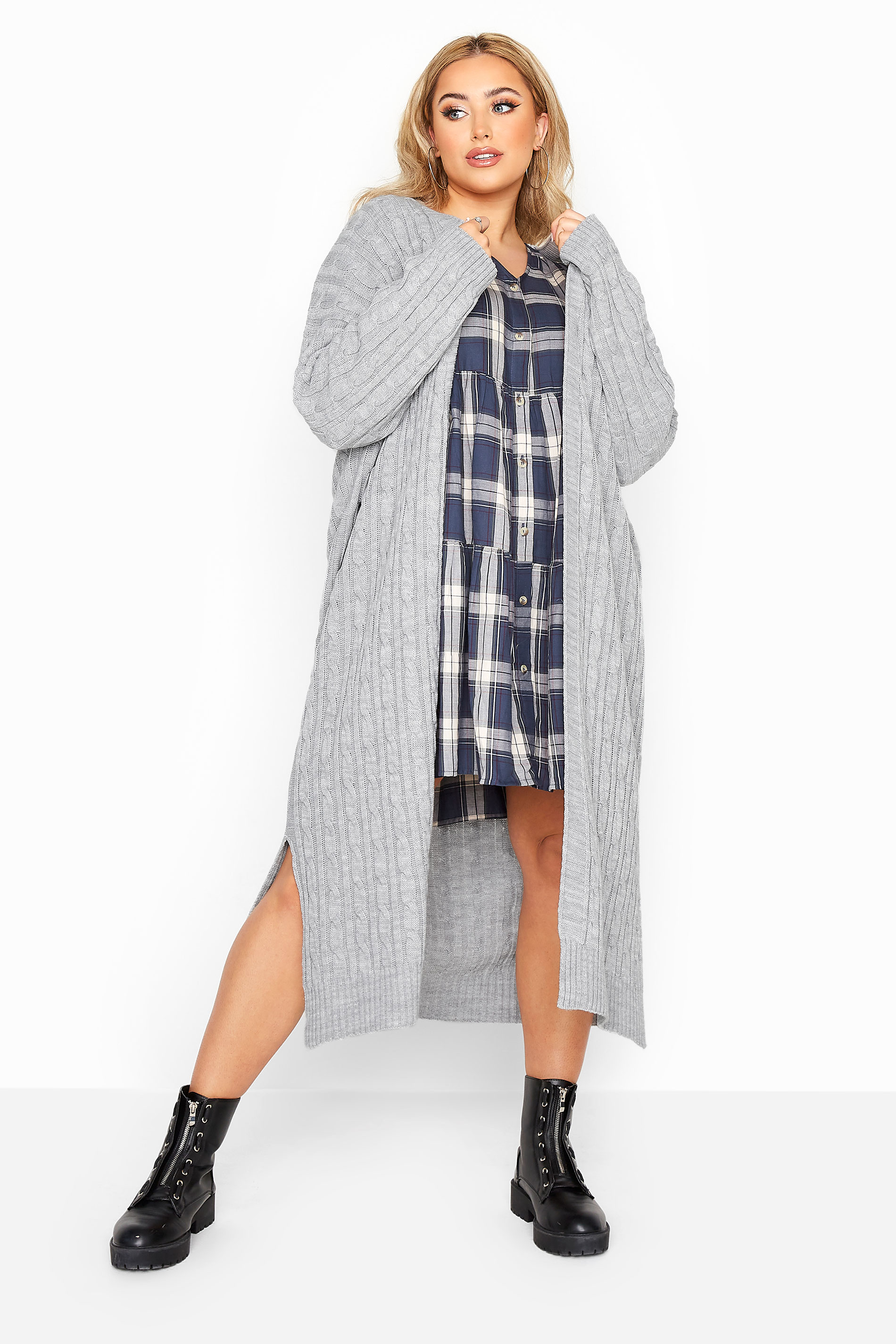 Grey Cable Knit Longline Cardigan Yours Clothing