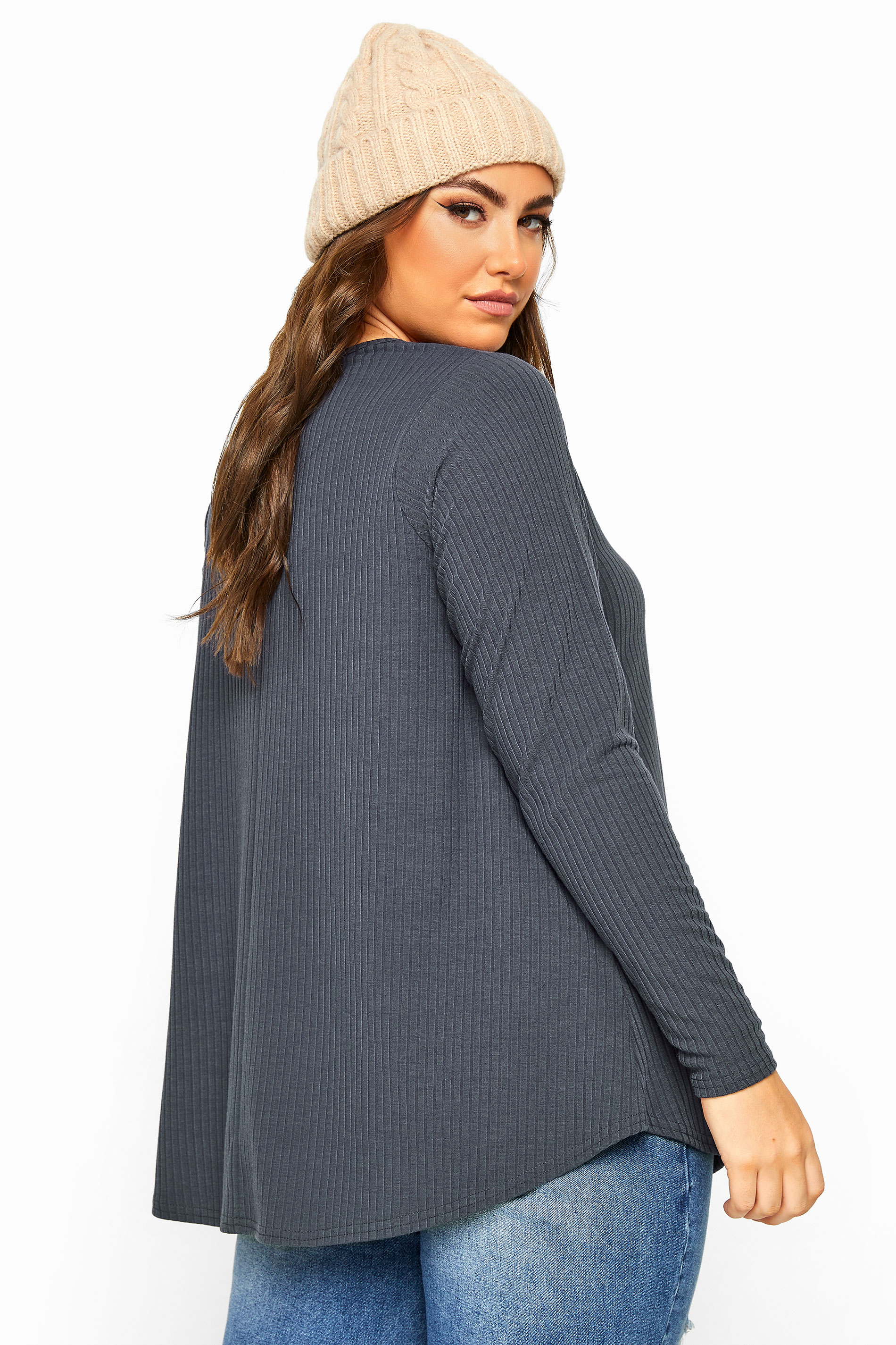 Grande taille  Tops Grande taille  Tops à Manches Longues | LIMITED COLLECTION - Top Gris en Jersey Style Nervuré - FD16590