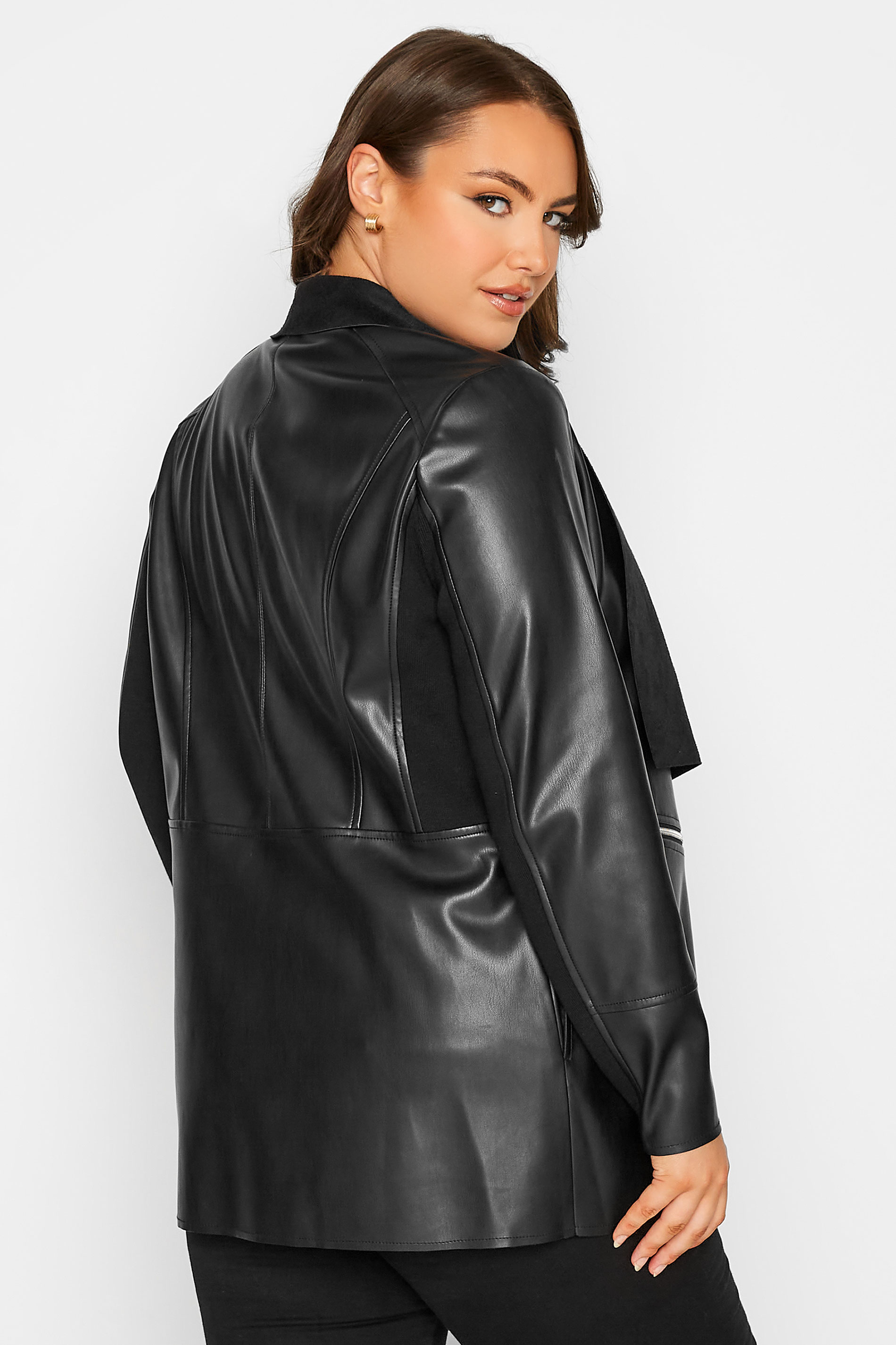 Plus Size Black Zip Detail Waterfall Faux Leather Jacket | Yours Clothing 3