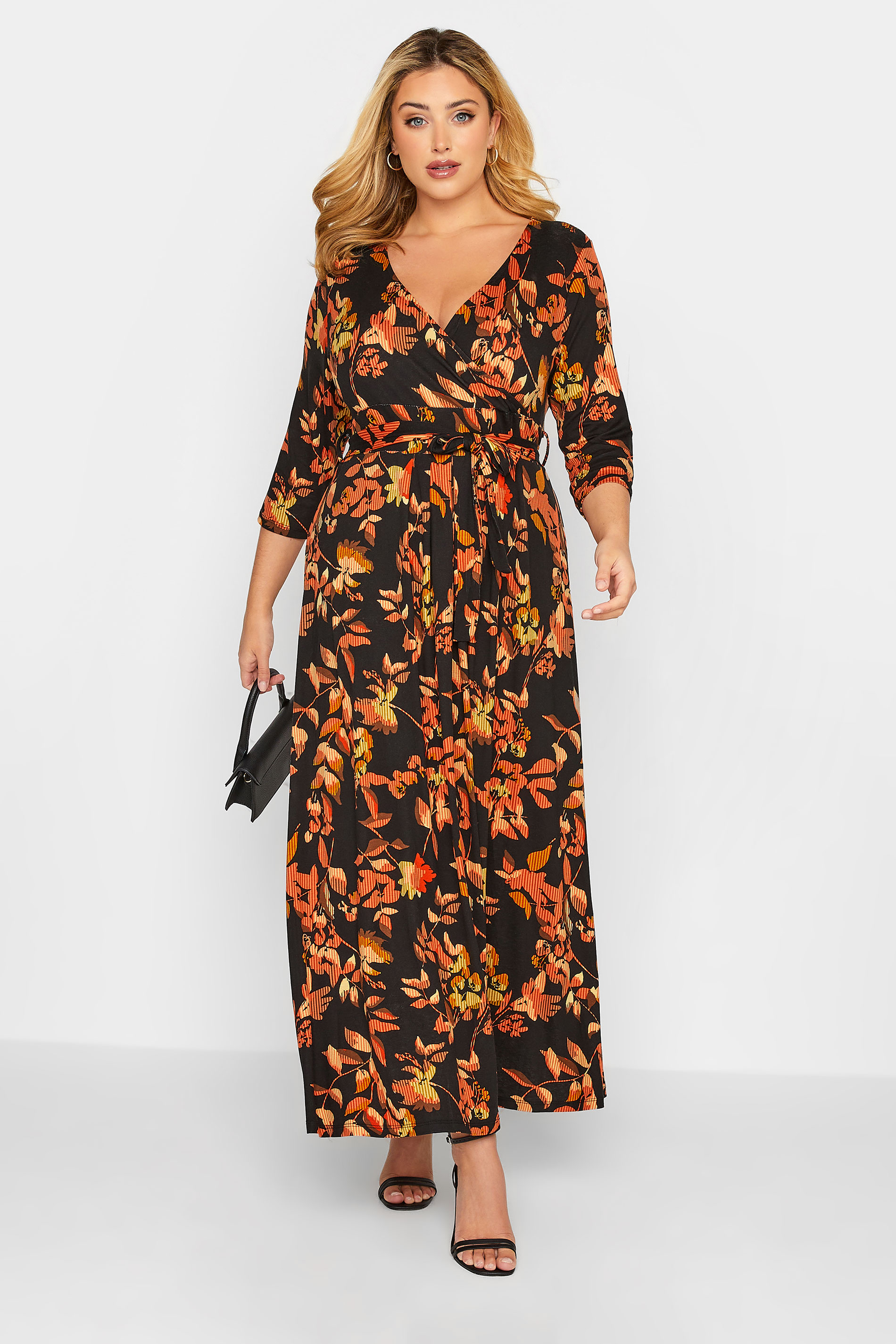 Curve Plus Size Orange & Black Leaf Print Maxi Wrap Dress | Yours Clothing  1