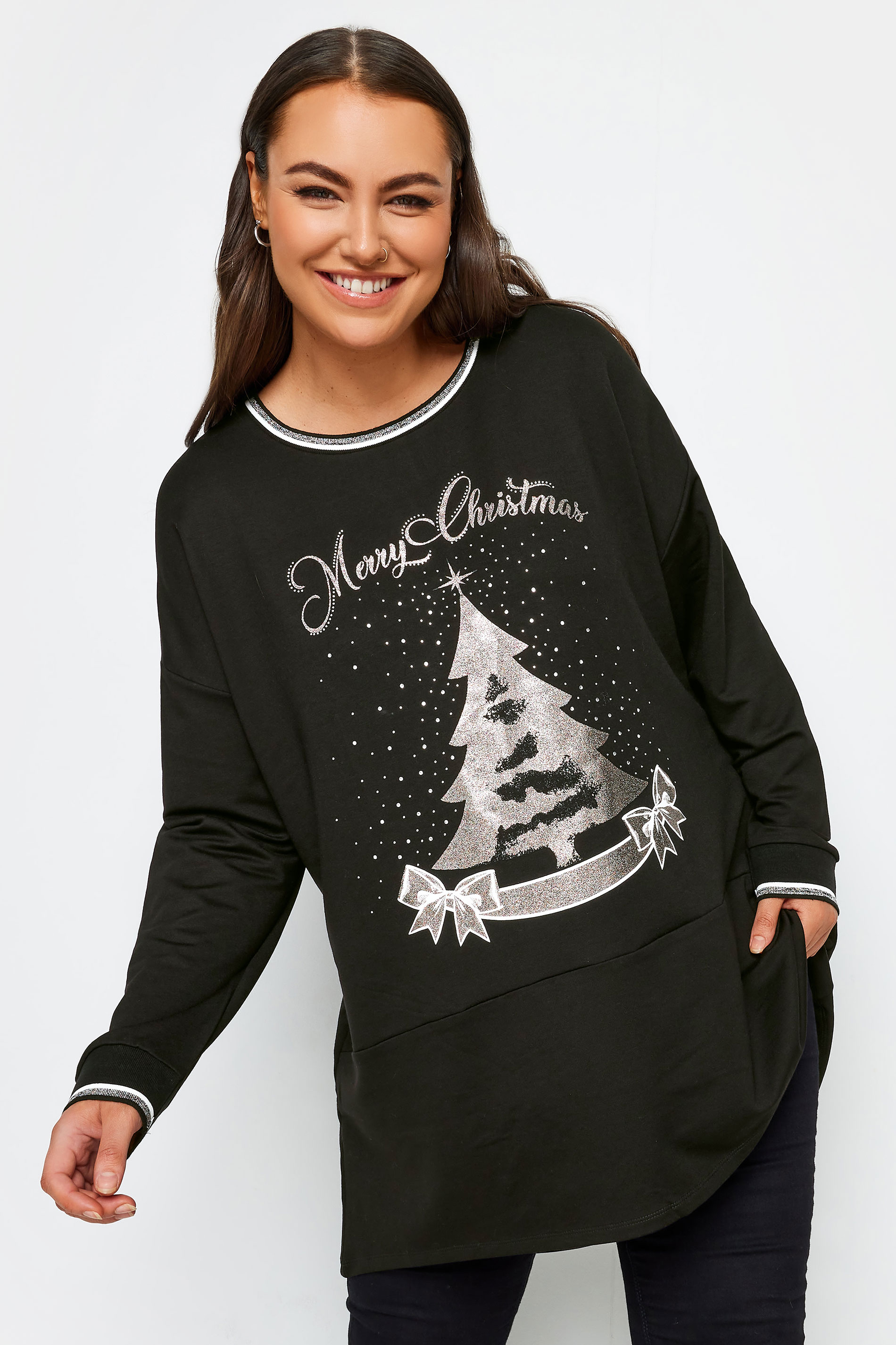 YOURS Plus Size Black 'Merry Christmas' Sweatshirt | Yours Clothing 1