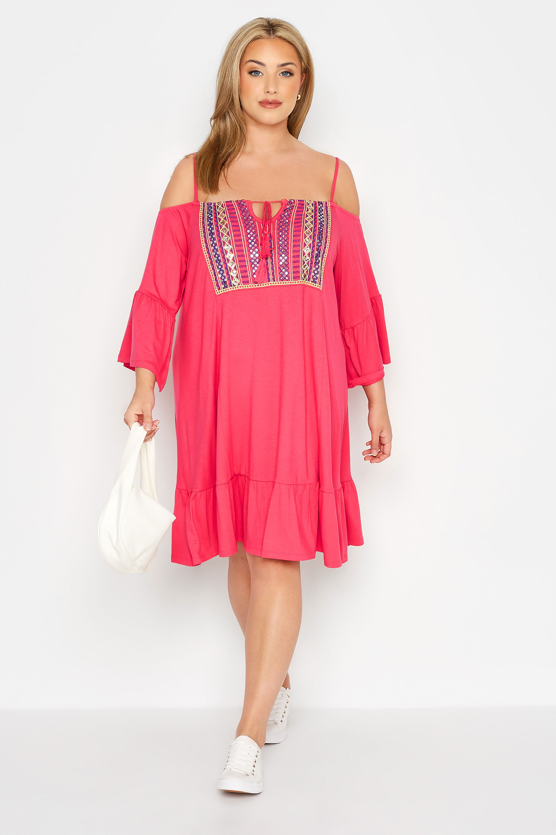 Robes Grande Taille Grande taille  Robes Casual | Robe Rose Design Bardot Empiècement Brodé - NP56337