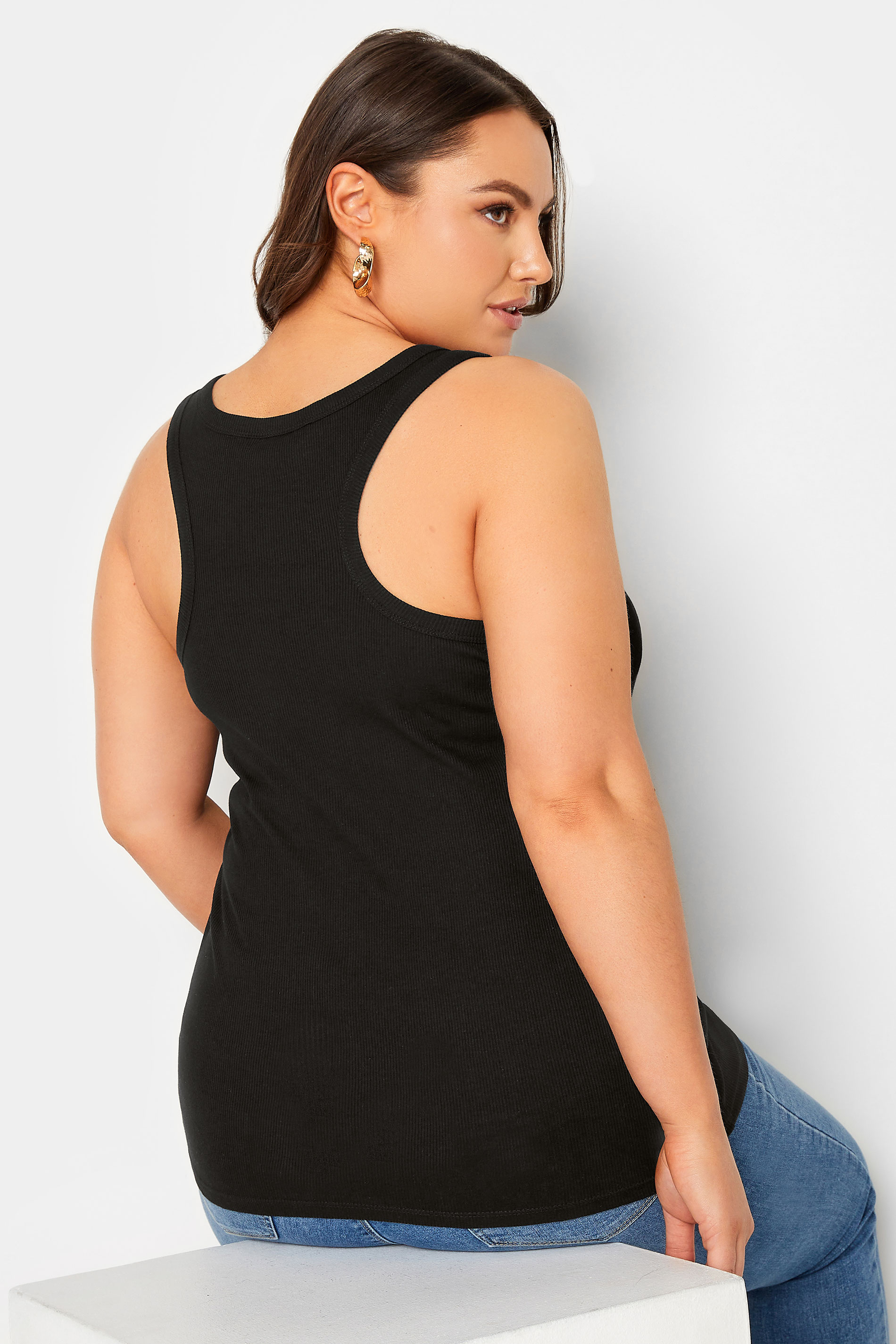 YOURS Plus Size Black Ribbed Racer Back Vest Top | Yours Clothing  1