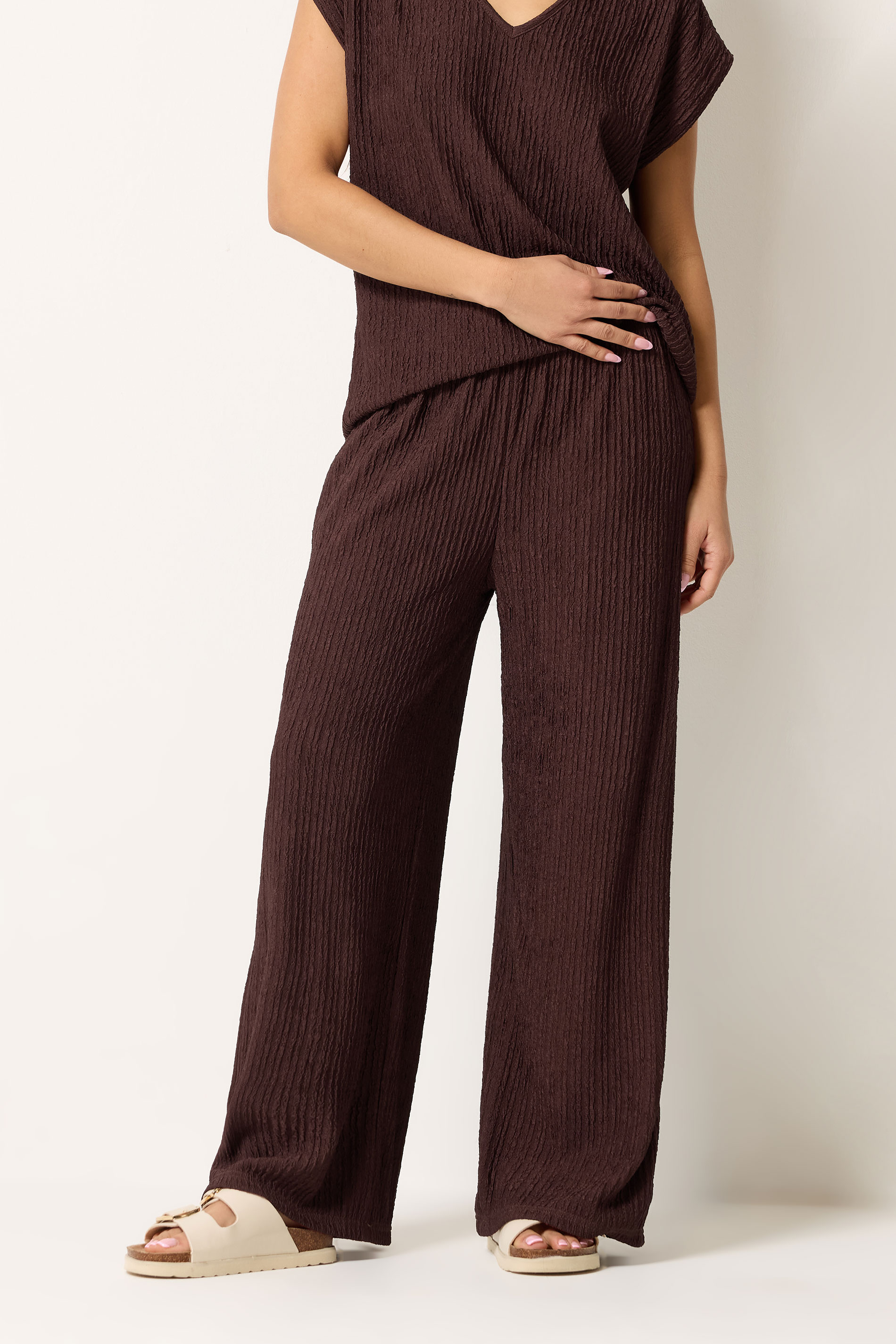 M&Co Petite Brown Textured Wide Leg Trousers | M&Co 1