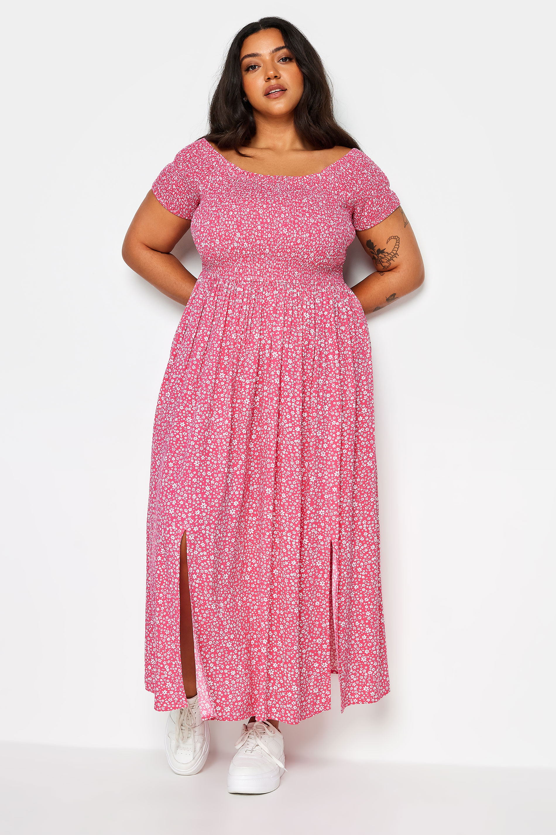 YOURS Plus Size Pink Ditsy Floral Print Shirred Bardot Maxi Dress | Yours Clothing 2