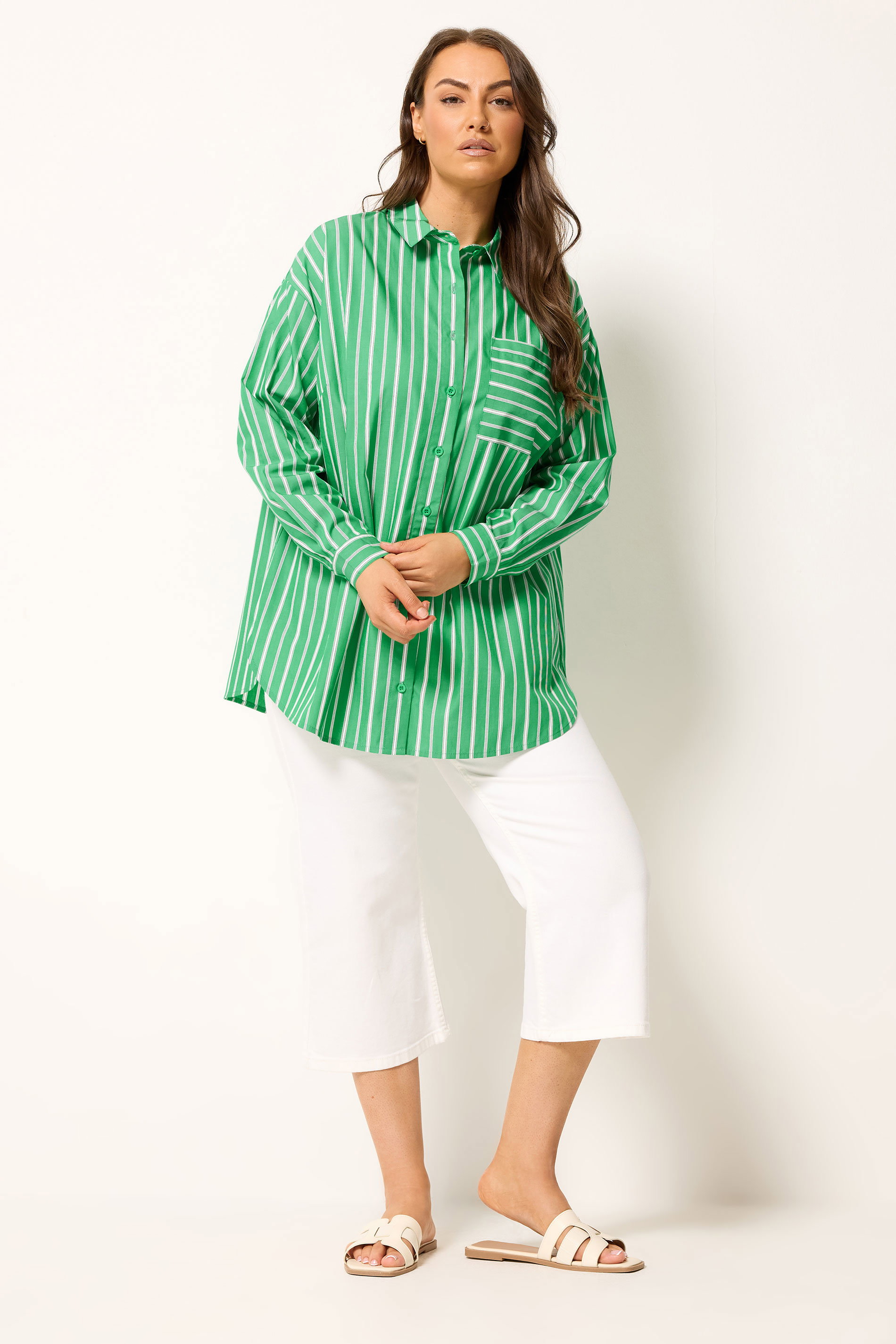 YOURS Plus Size Green & White Striped Shirt | Yours Clothing 1