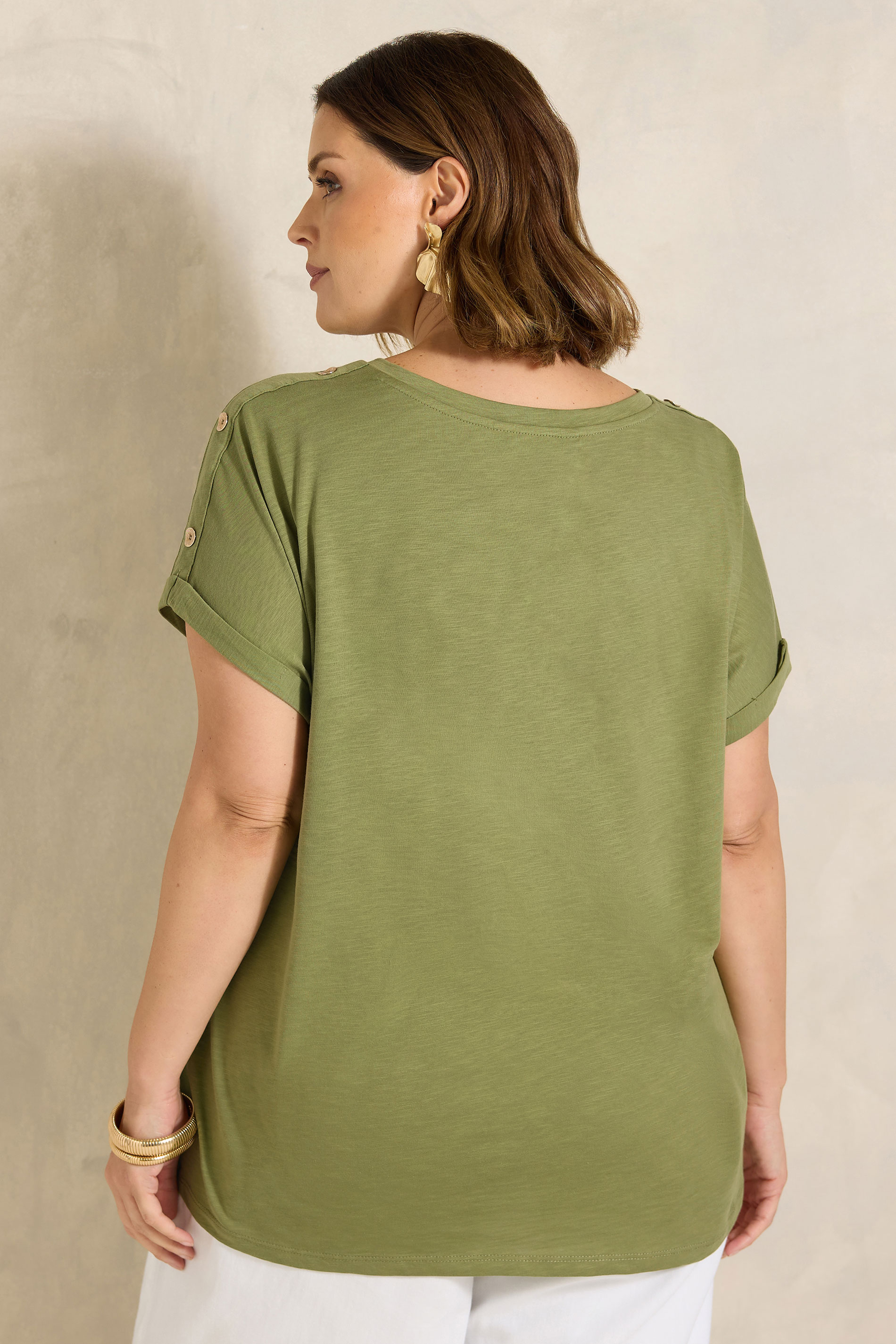 EVANS Plus Size Khaki Green Button Shoulder T-Shirt | Evans 2